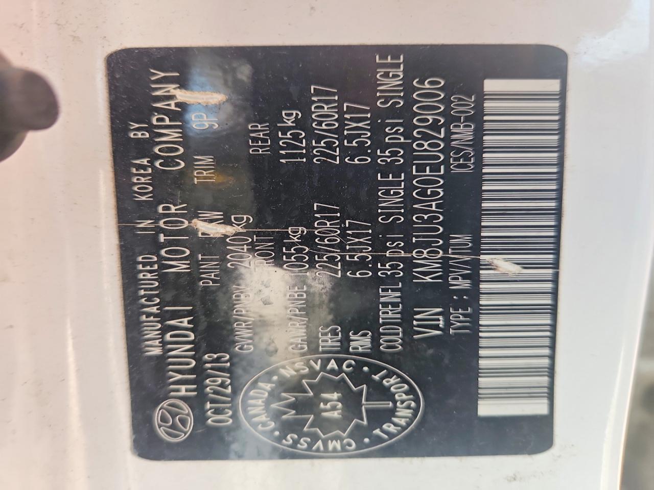 2014 Hyundai Tucson Se White vin: KM8JU3AG0EU829006