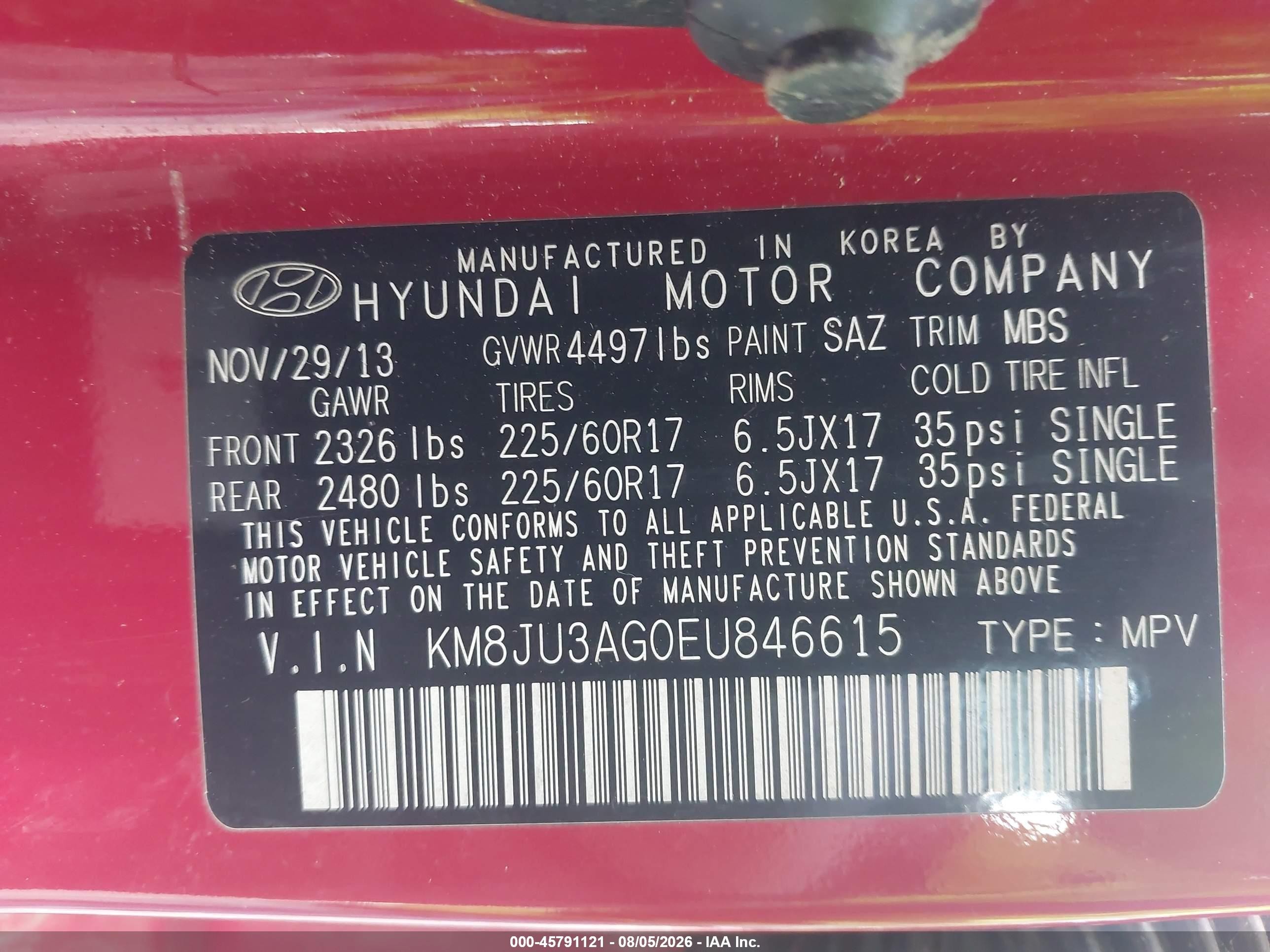 2014 Hyundai Tucson Se Red vin: KM8JU3AG0EU846615