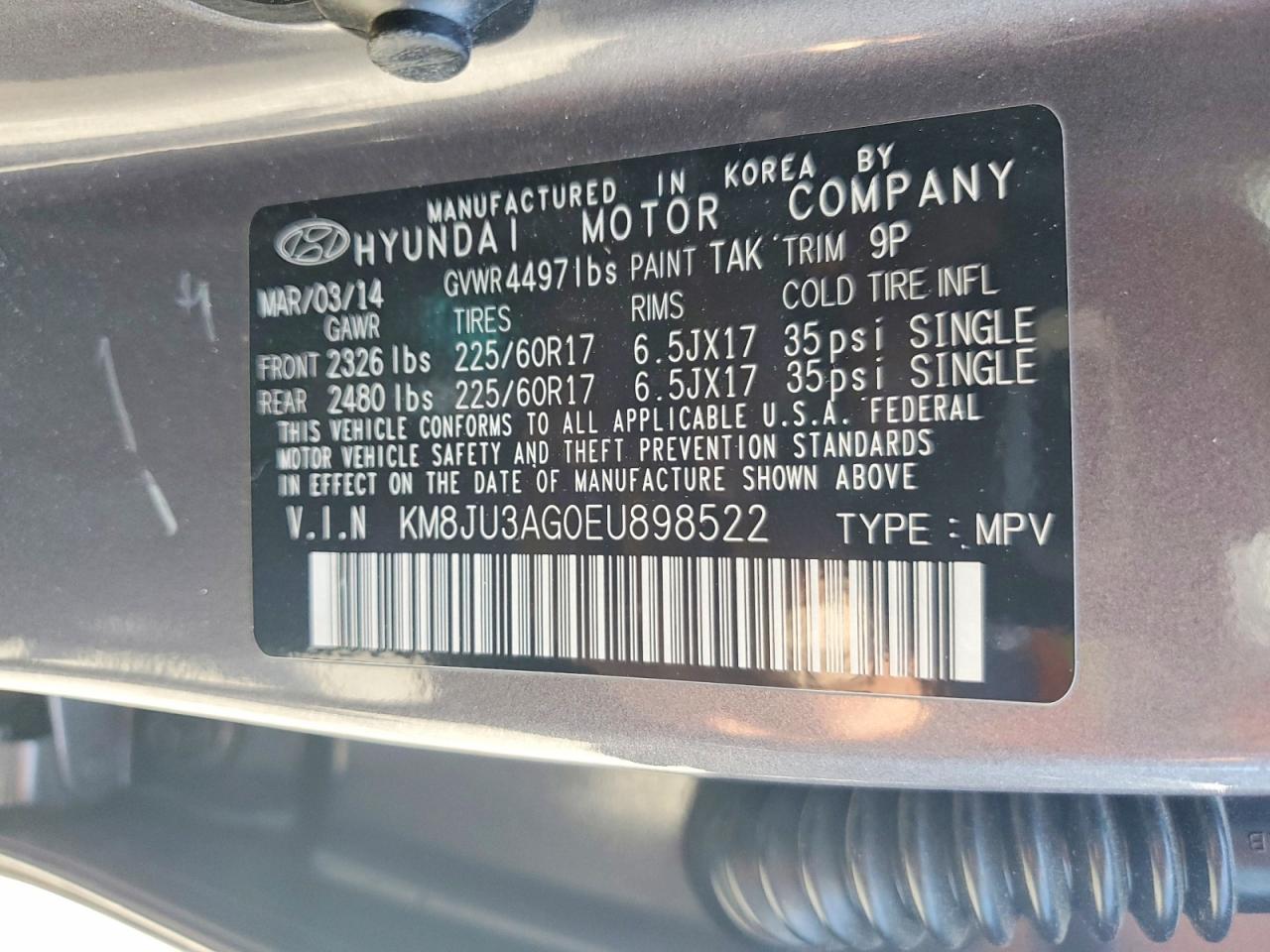 2014 Hyundai Tucson Se Gray vin: KM8JU3AG0EU898522