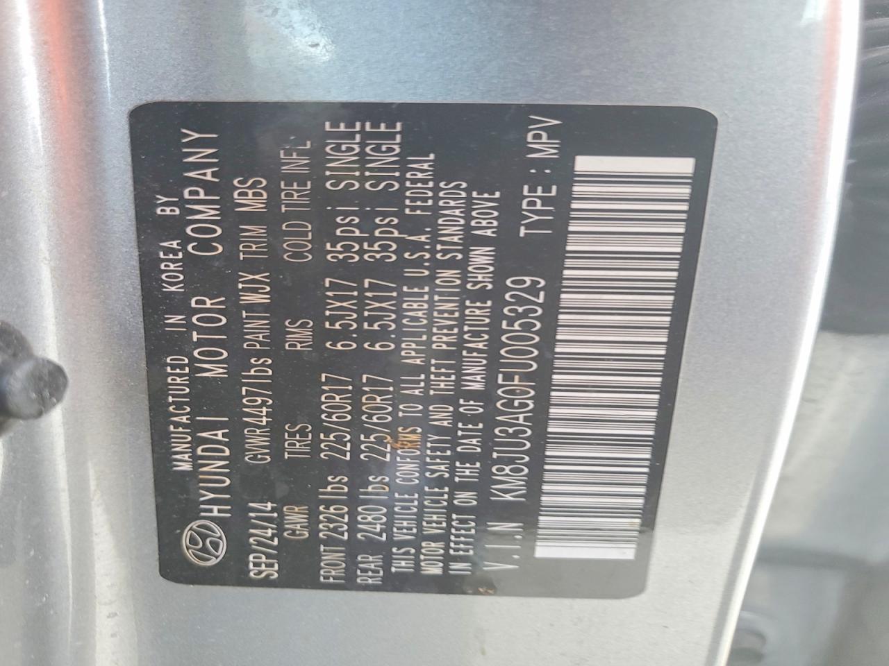 2015 Hyundai Tucson Se Gray vin: KM8JU3AG0FU005329