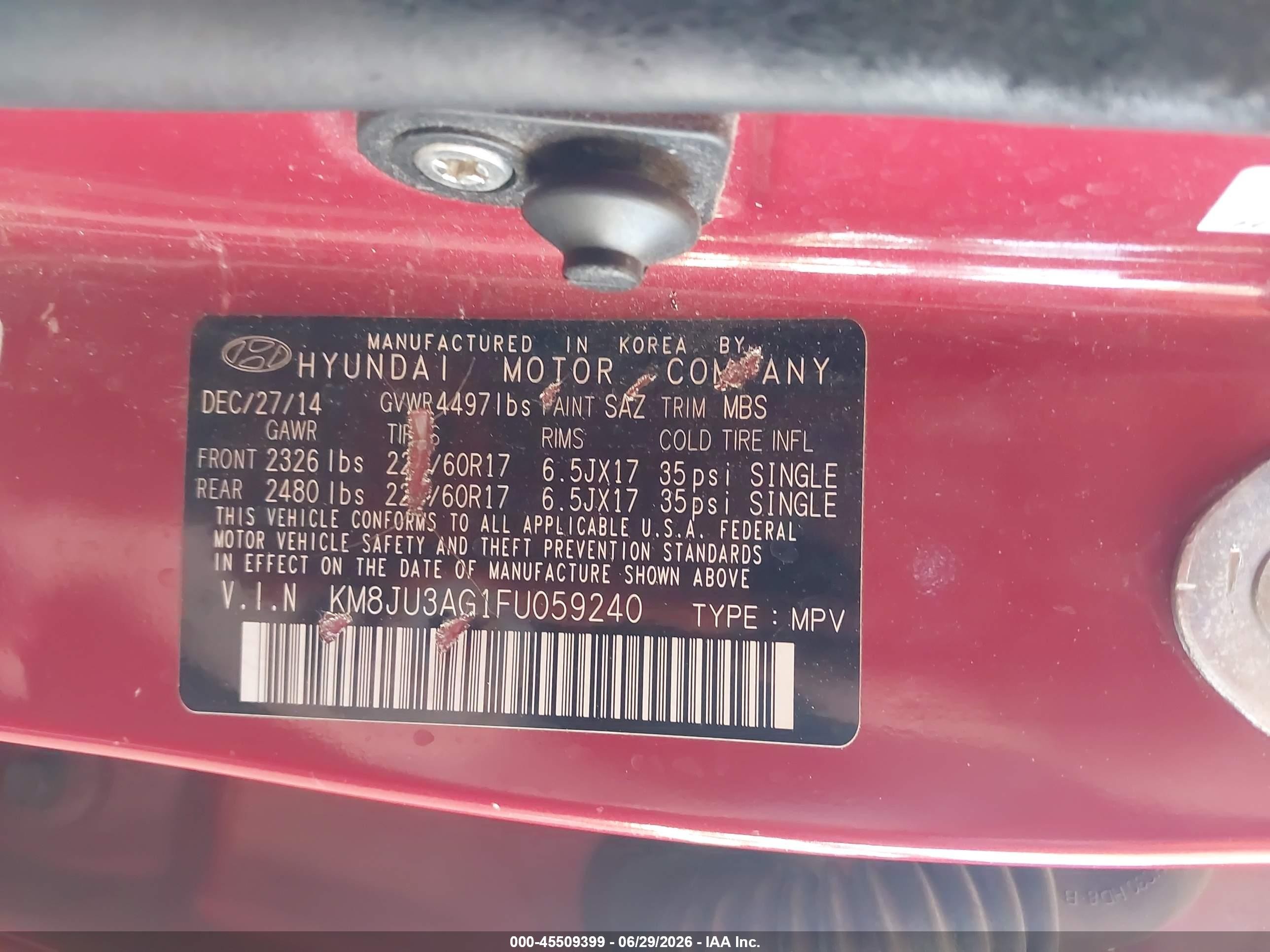 2015 Hyundai Tucson Se Красный vin: KM8JU3AG1FU059240