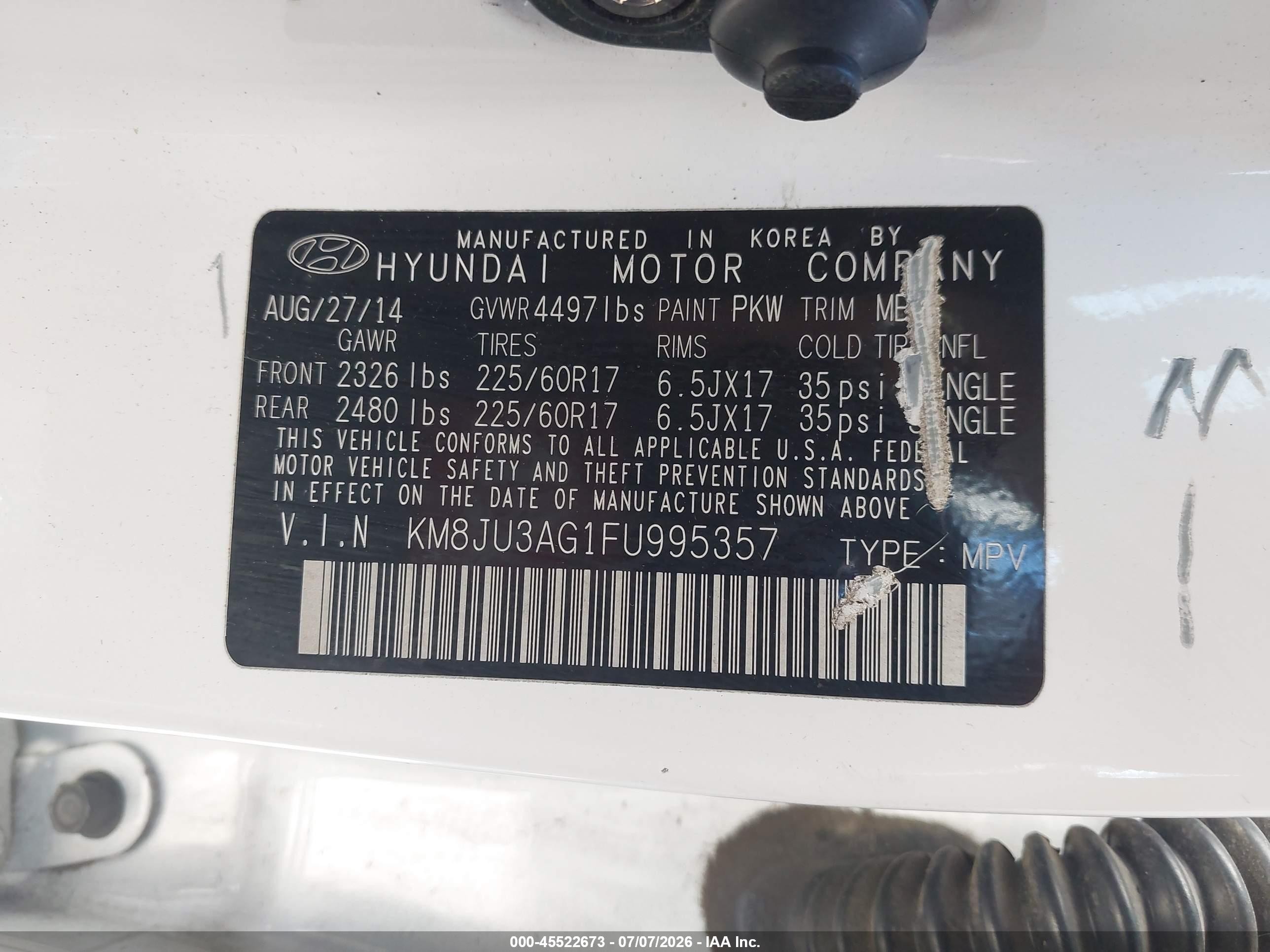 2015 Hyundai Tucson Se Белый vin: KM8JU3AG1FU995357