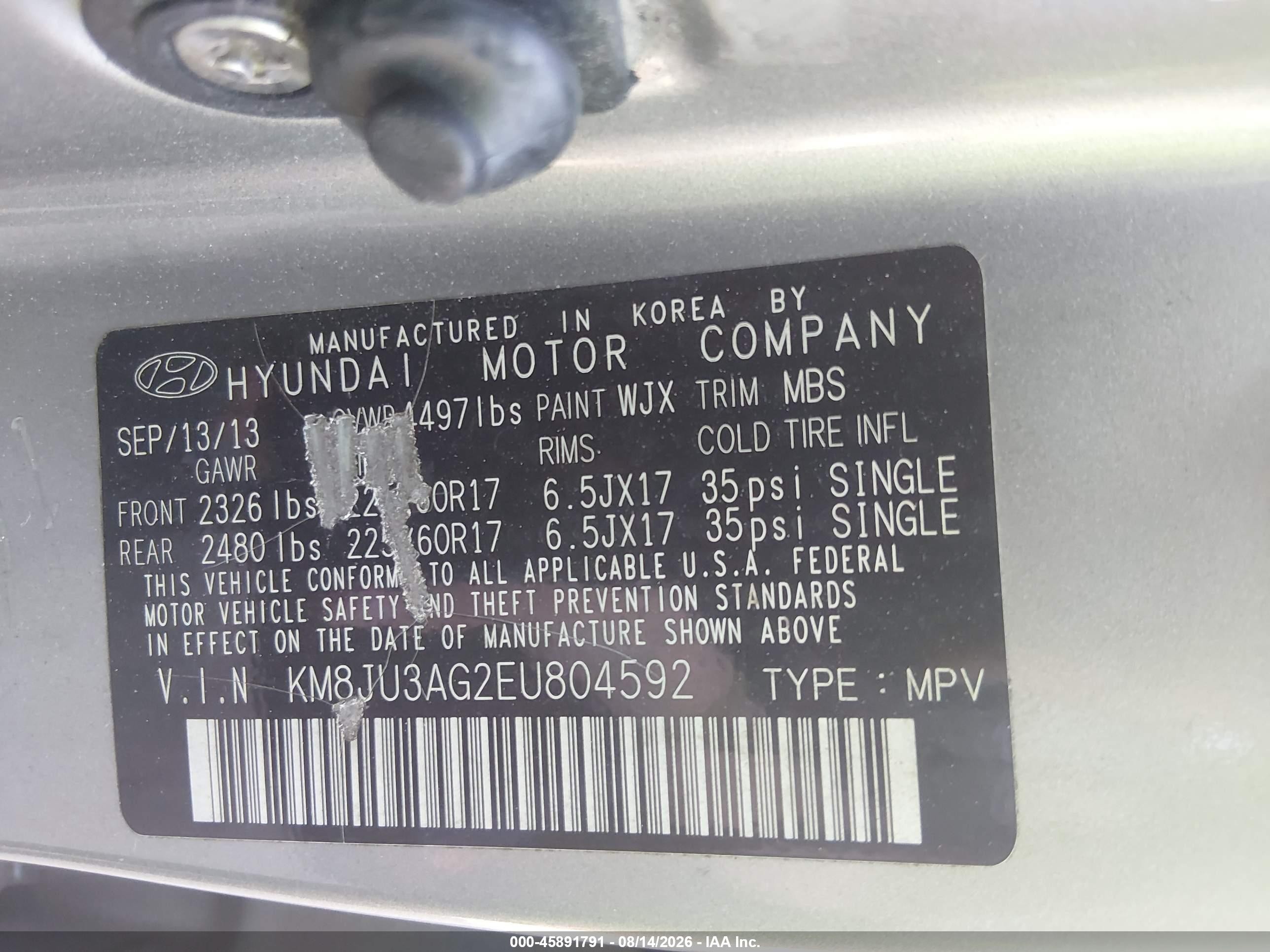 2014 Hyundai Tucson Se Серебряный vin: KM8JU3AG2EU804592
