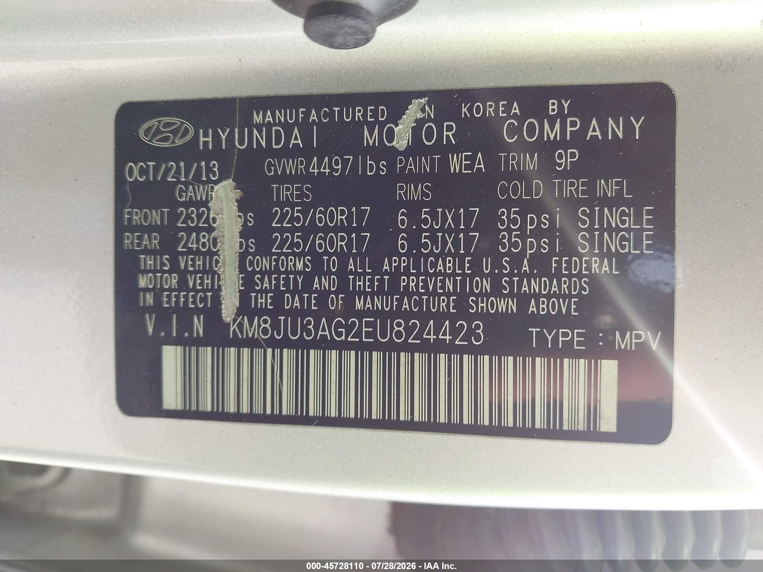 2014 Hyundai Tucson Se Silver vin: KM8JU3AG2EU824423
