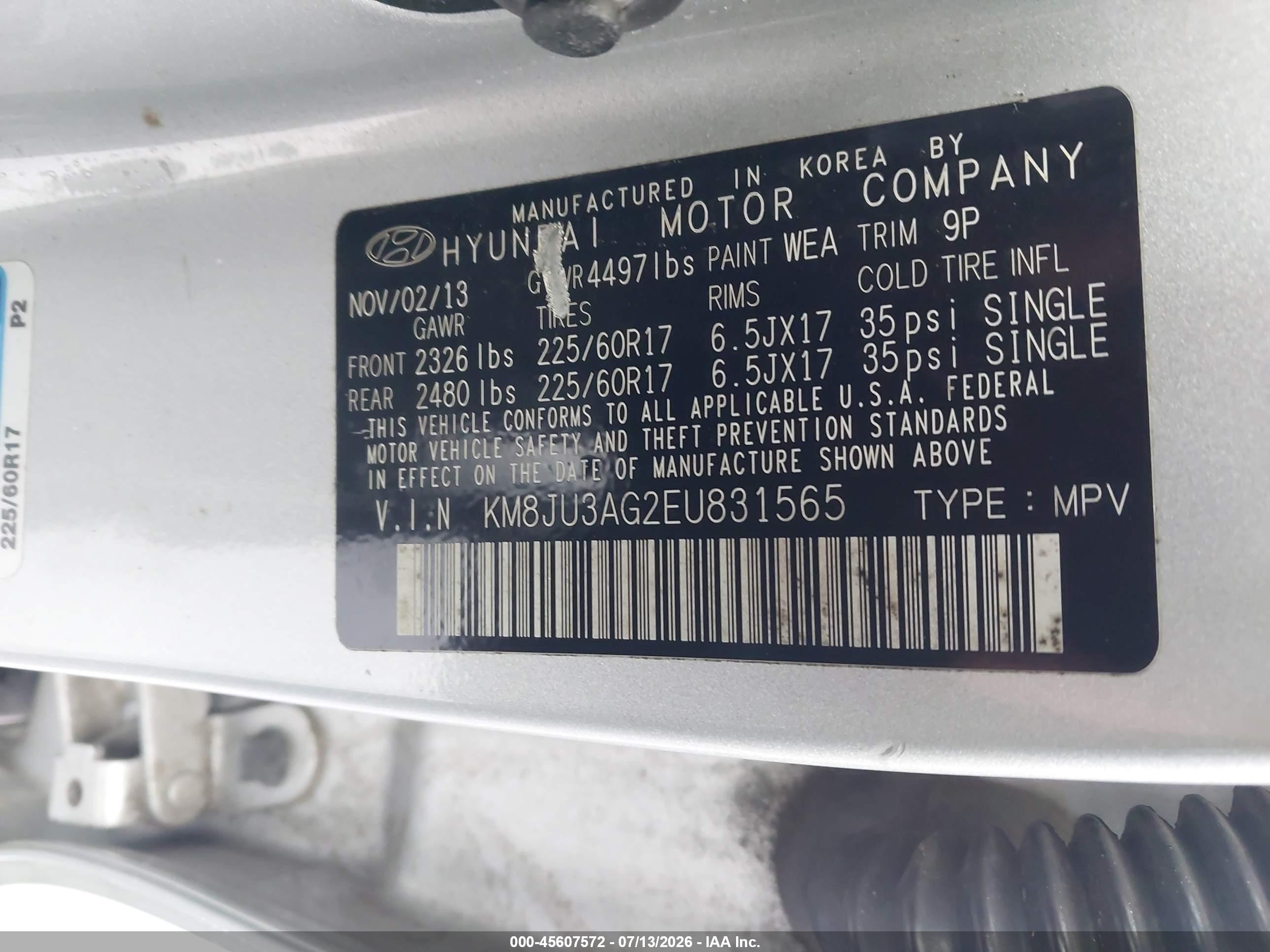 2014 Hyundai Tucson Se Gray vin: KM8JU3AG2EU831565