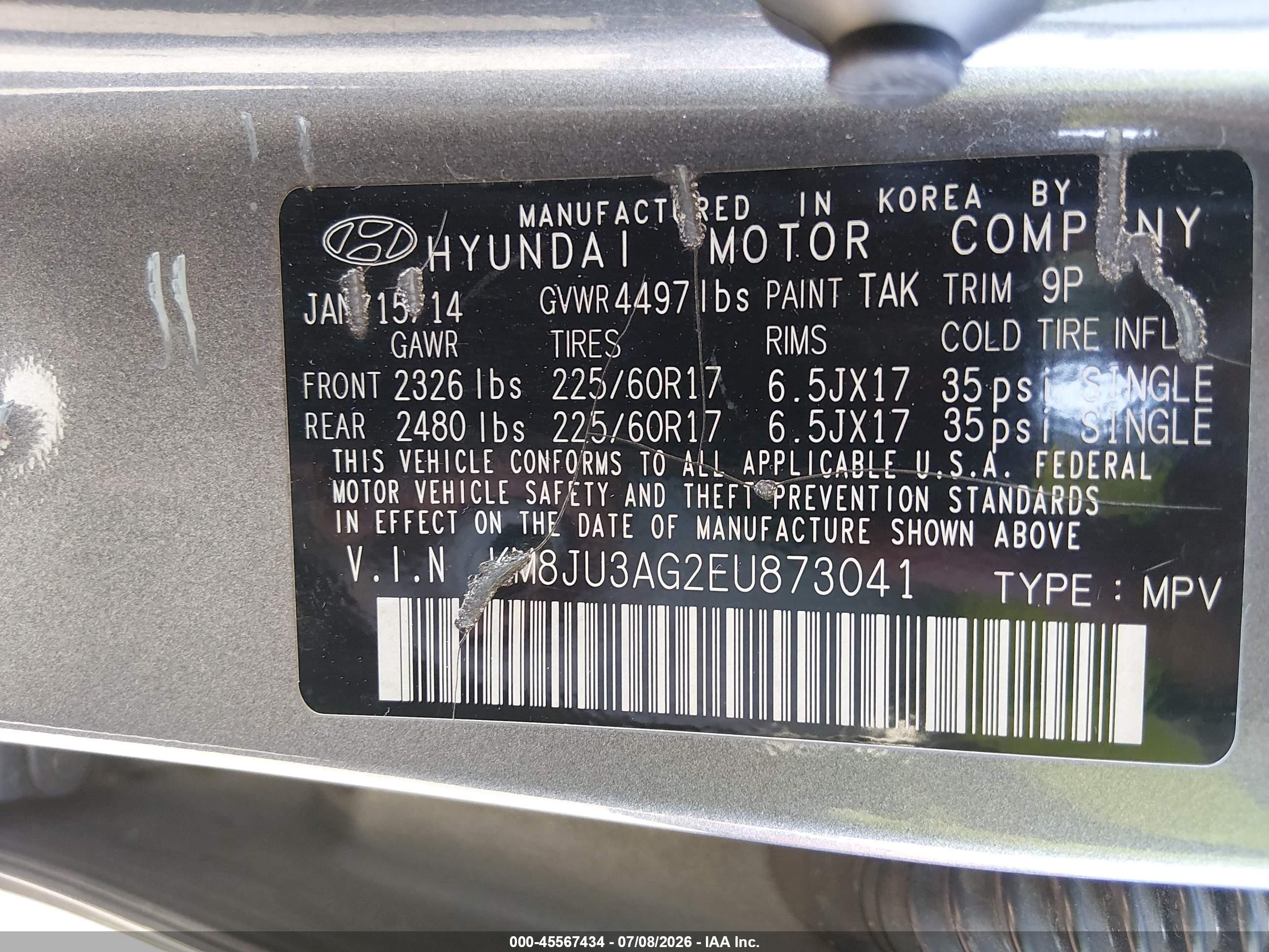 2014 Hyundai Tucson Se Gray vin: KM8JU3AG2EU873041