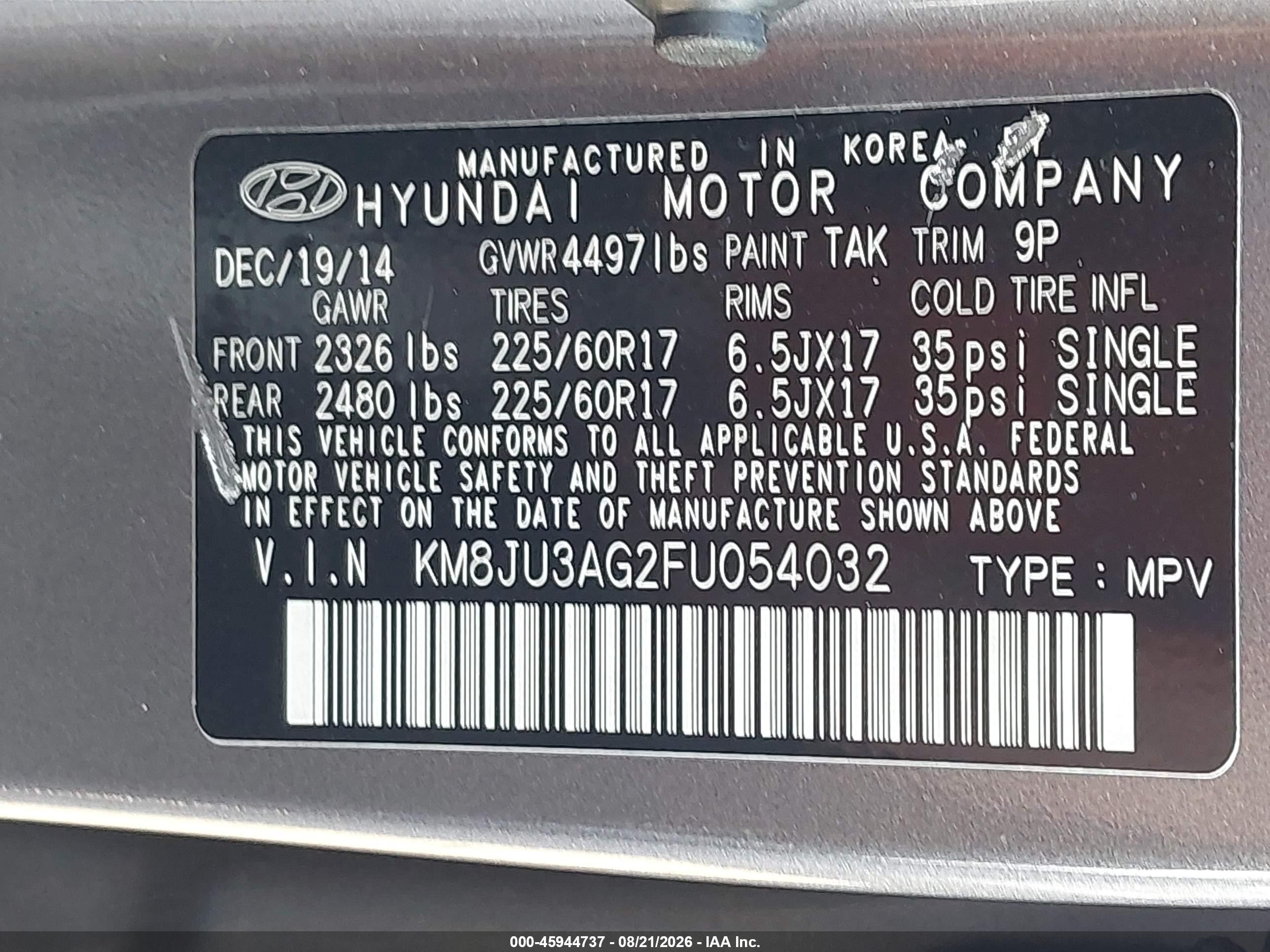2015 Hyundai Tucson Se Серый vin: KM8JU3AG2FU054032
