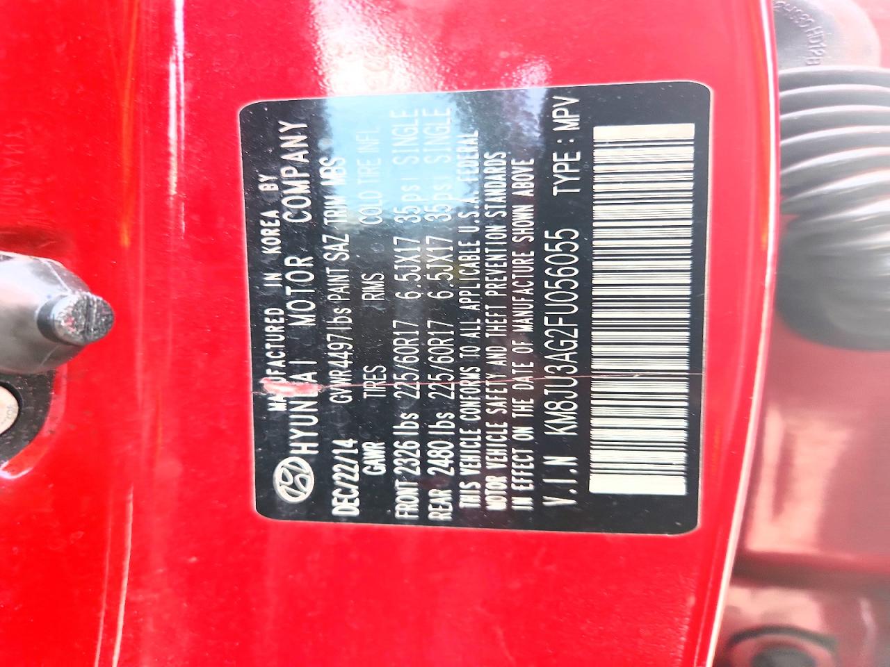 2015 Hyundai Tucson Se Red vin: KM8JU3AG2FU056055