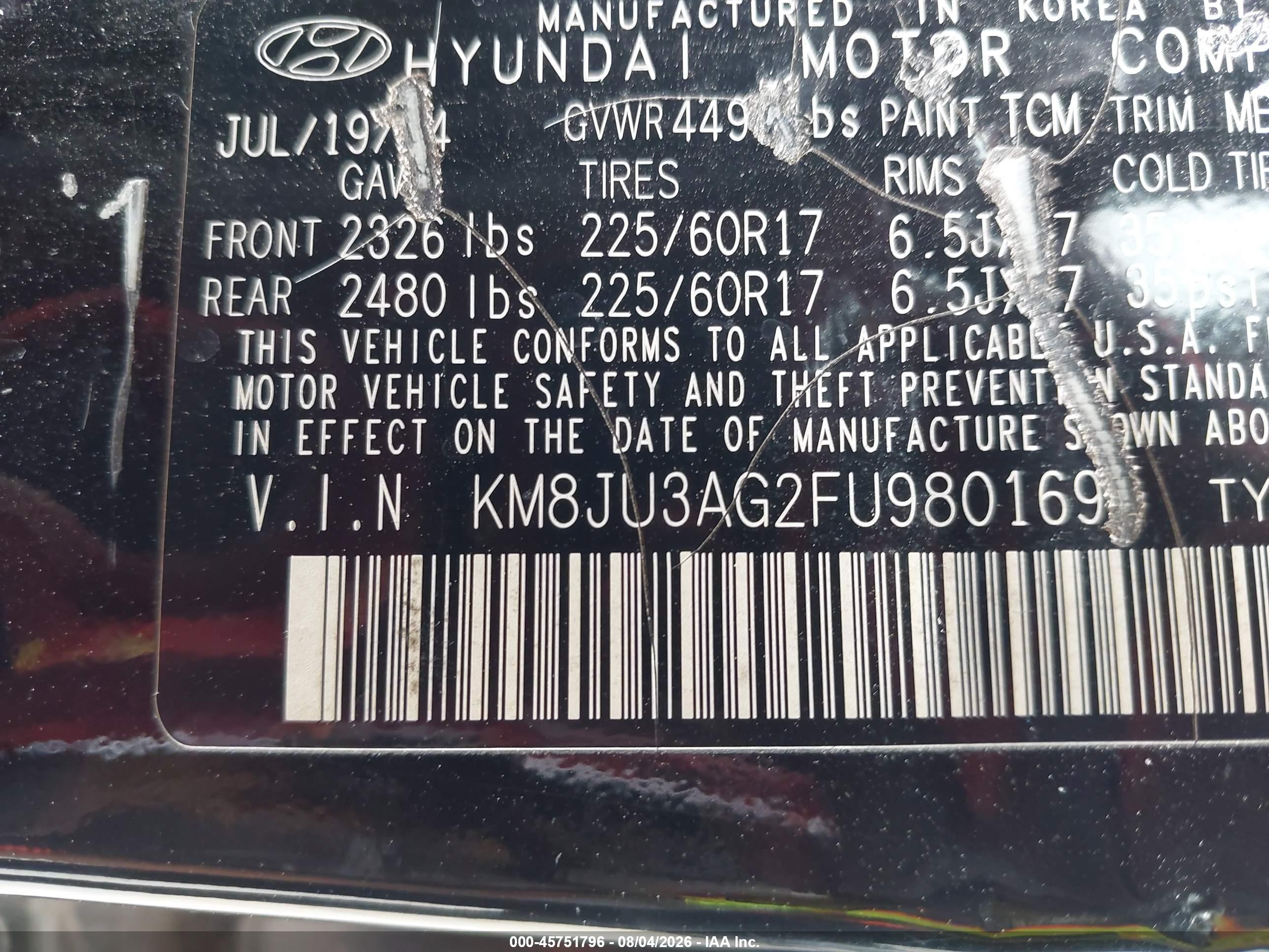 2015 Hyundai Tucson Se Черный vin: KM8JU3AG2FU980169