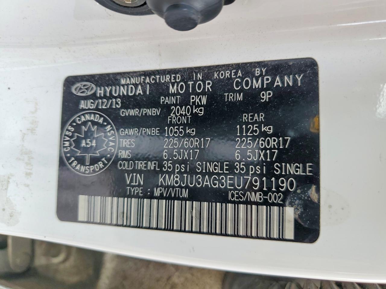 2014 Hyundai Tucson White vin: KM8JU3AG3EU791190