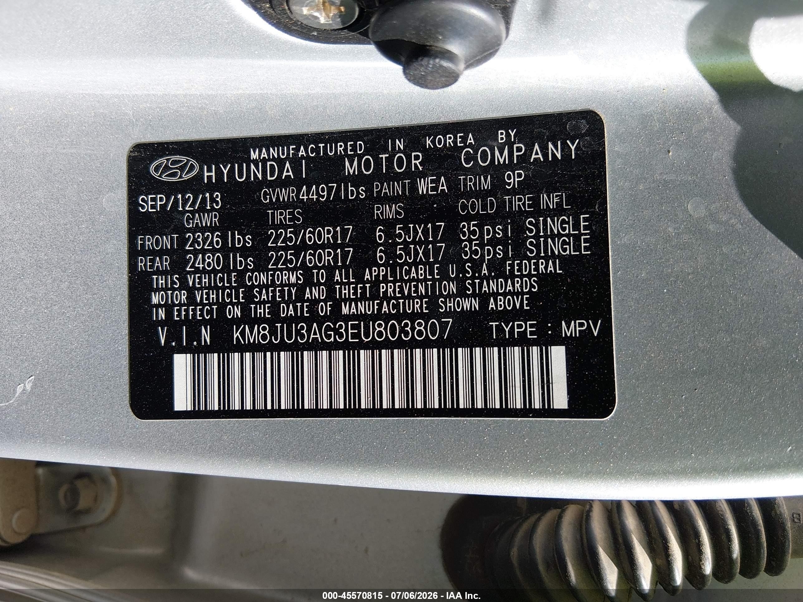 2014 Hyundai Tucson Se Gray vin: KM8JU3AG3EU803807