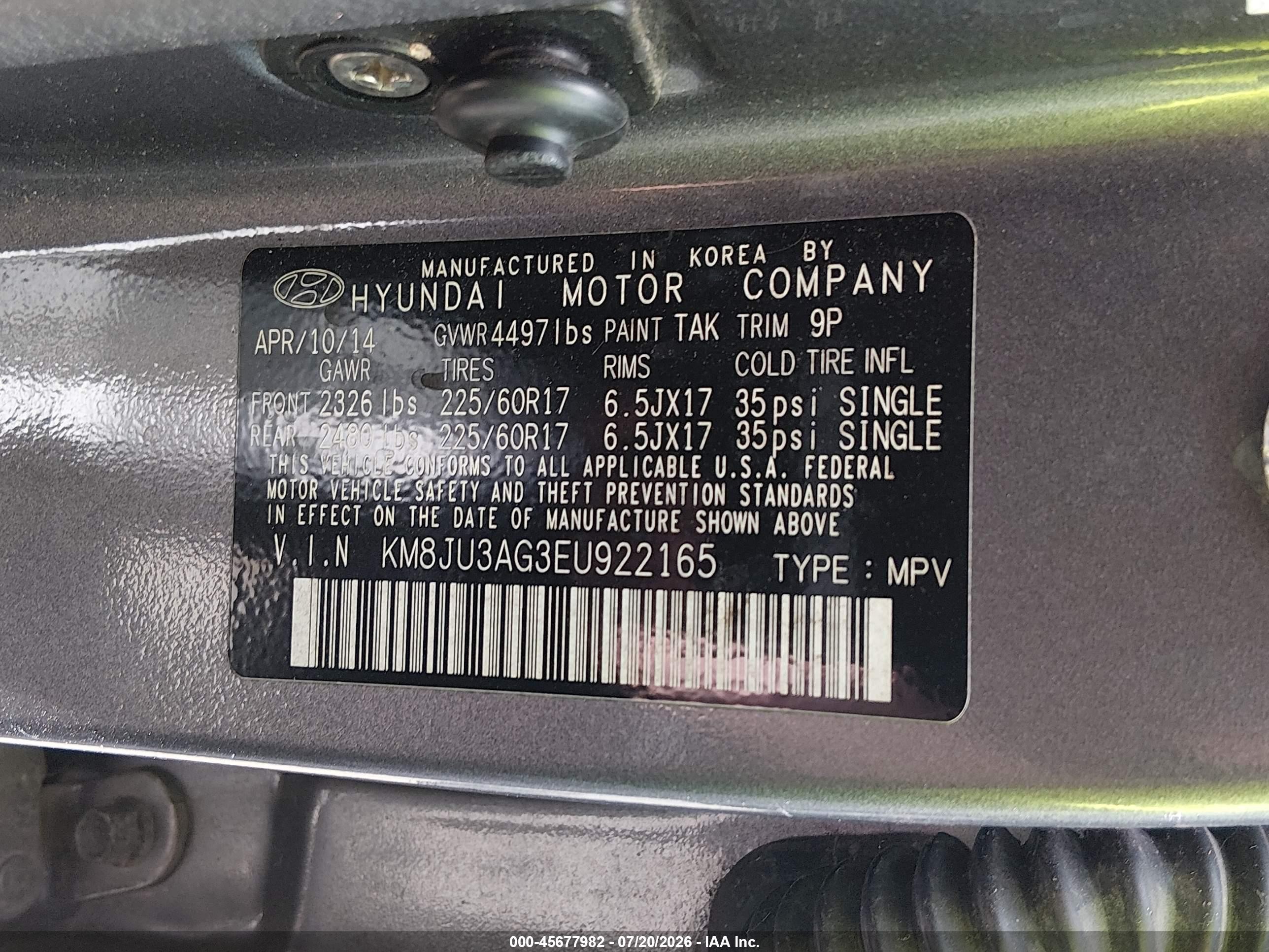 2014 Hyundai Tucson Se Gray vin: KM8JU3AG3EU922165