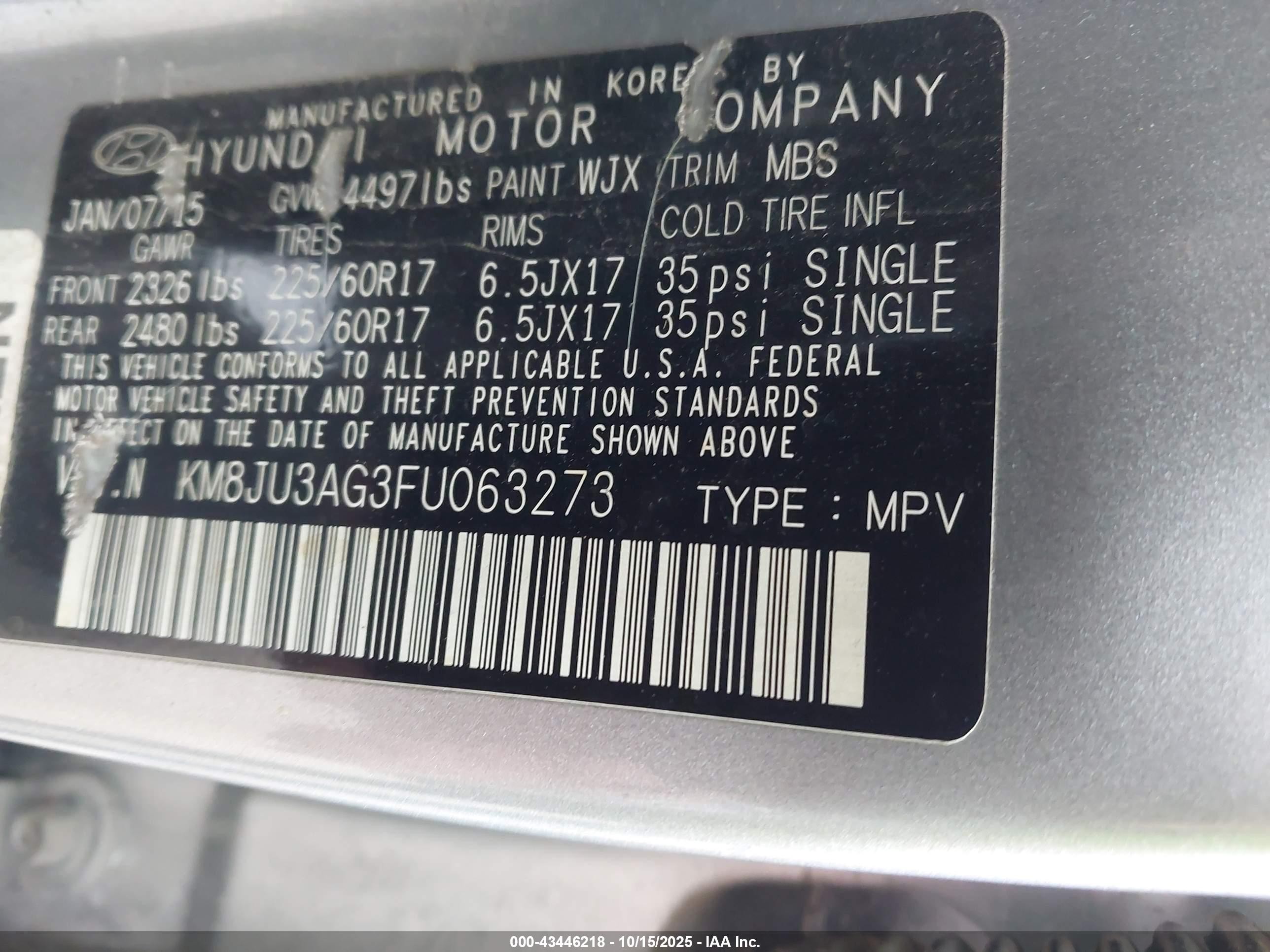 2015 Hyundai Tucson Se Silver vin: KM8JU3AG3FU063273