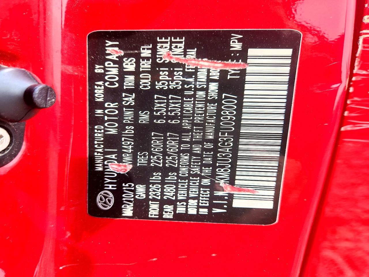 2015 Hyundai Tucson Se Red vin: KM8JU3AG3FU098007