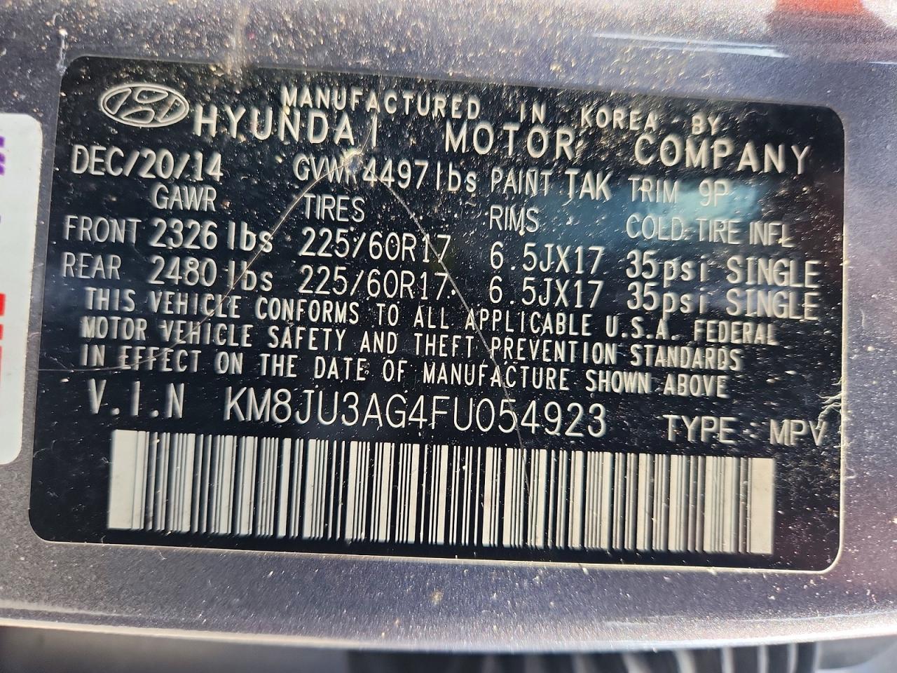 2015 Hyundai Tucson Se Charcoal vin: KM8JU3AG4FU054923