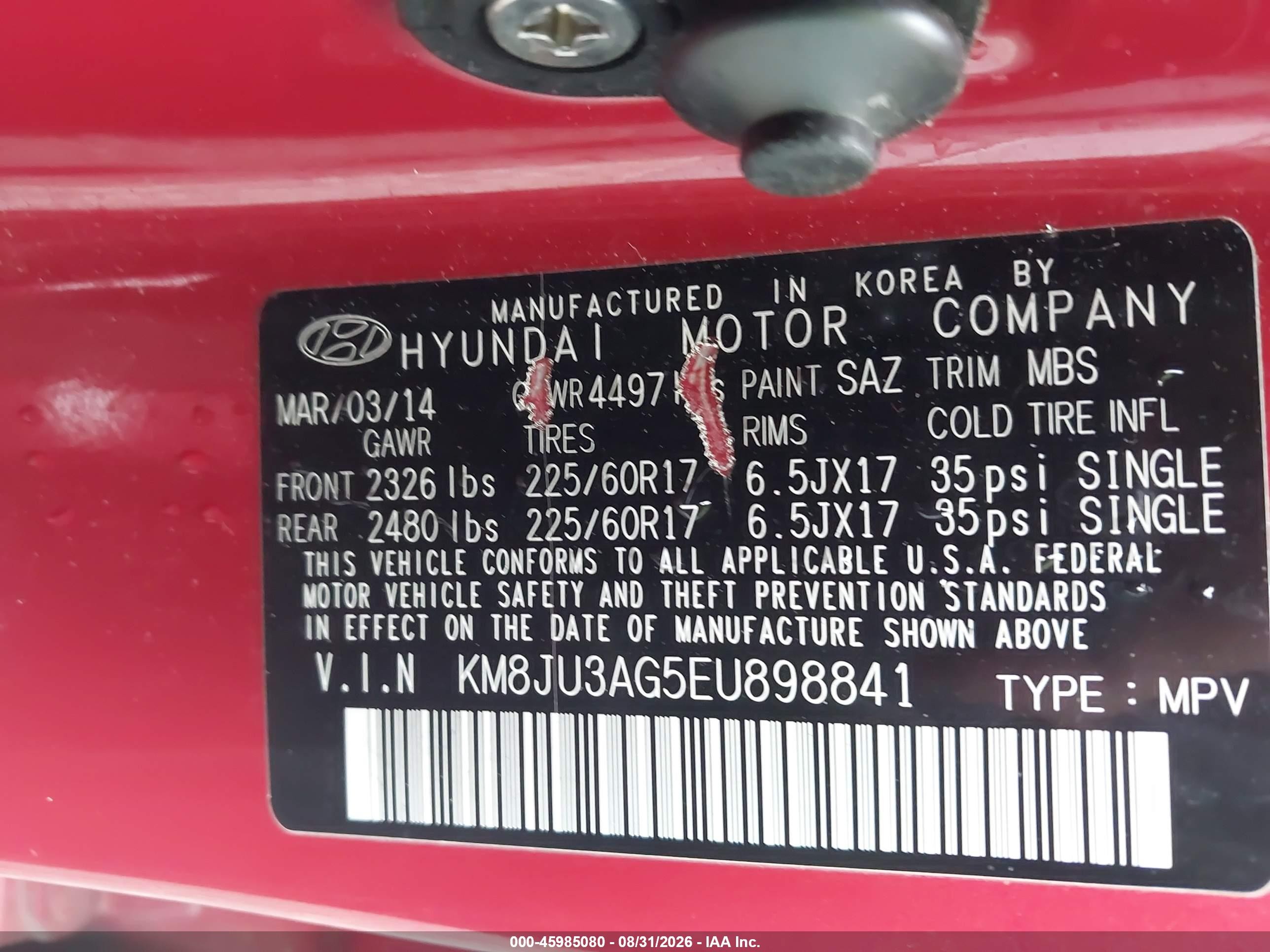 2014 Hyundai Tucson Se Красный vin: KM8JU3AG5EU898841