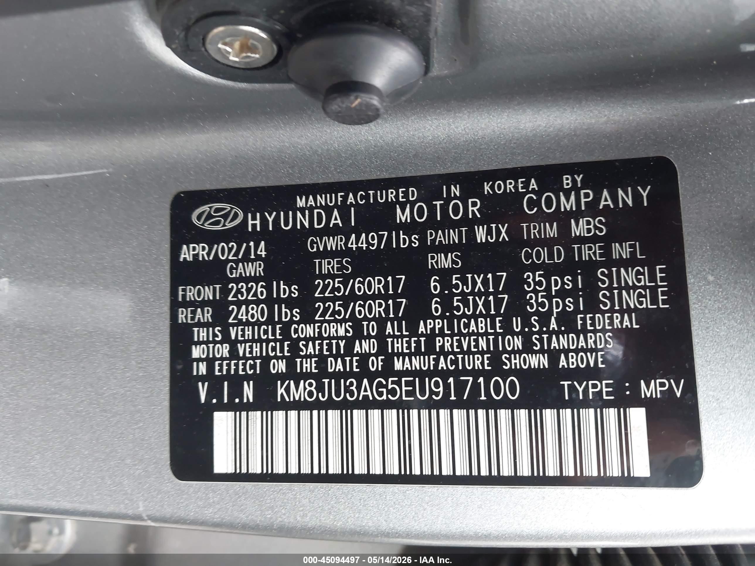 2014 Hyundai Tucson Se Gray vin: KM8JU3AG5EU917100