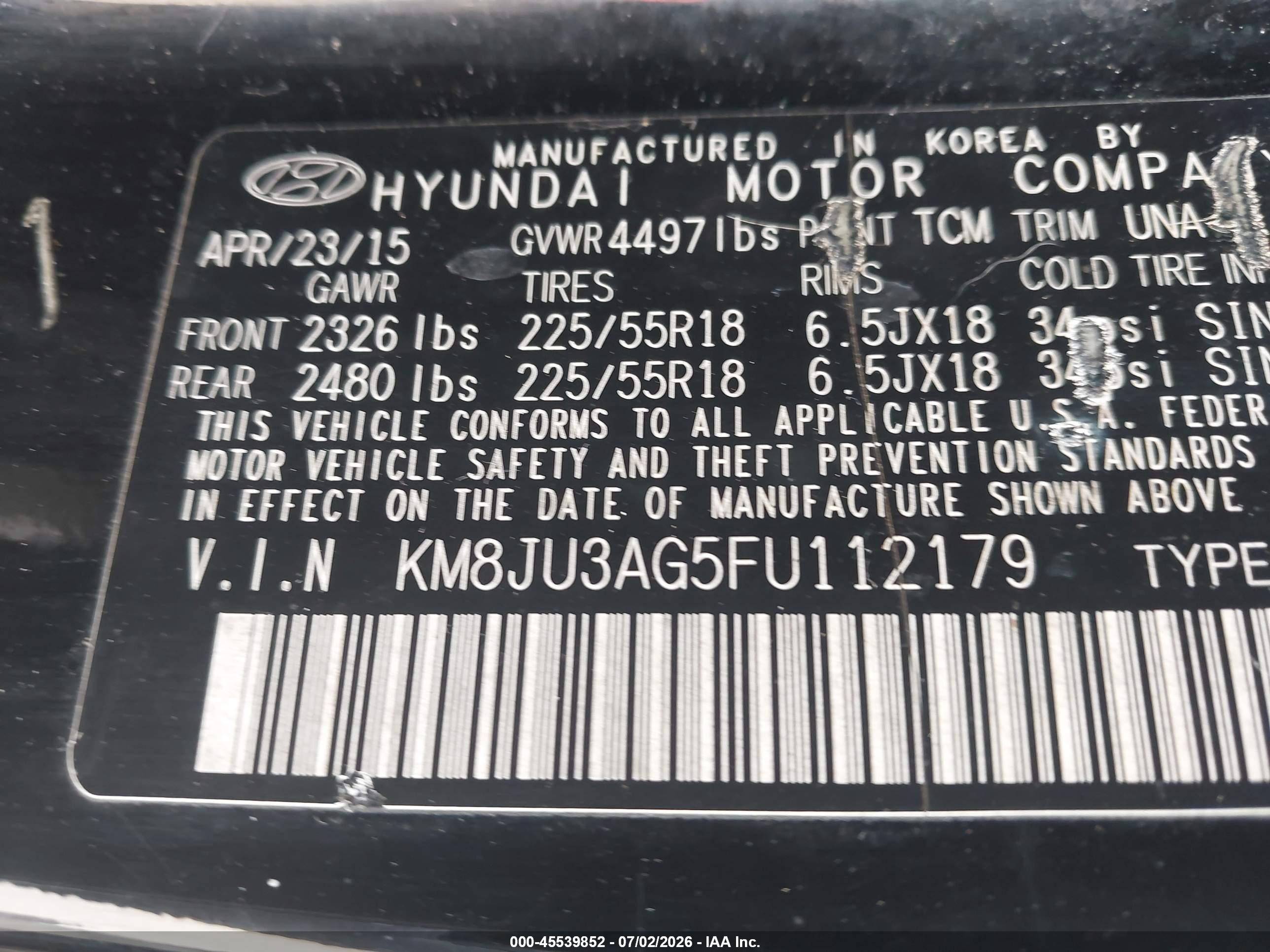 2015 Hyundai Tucson Limited Black vin: KM8JU3AG5FU112179
