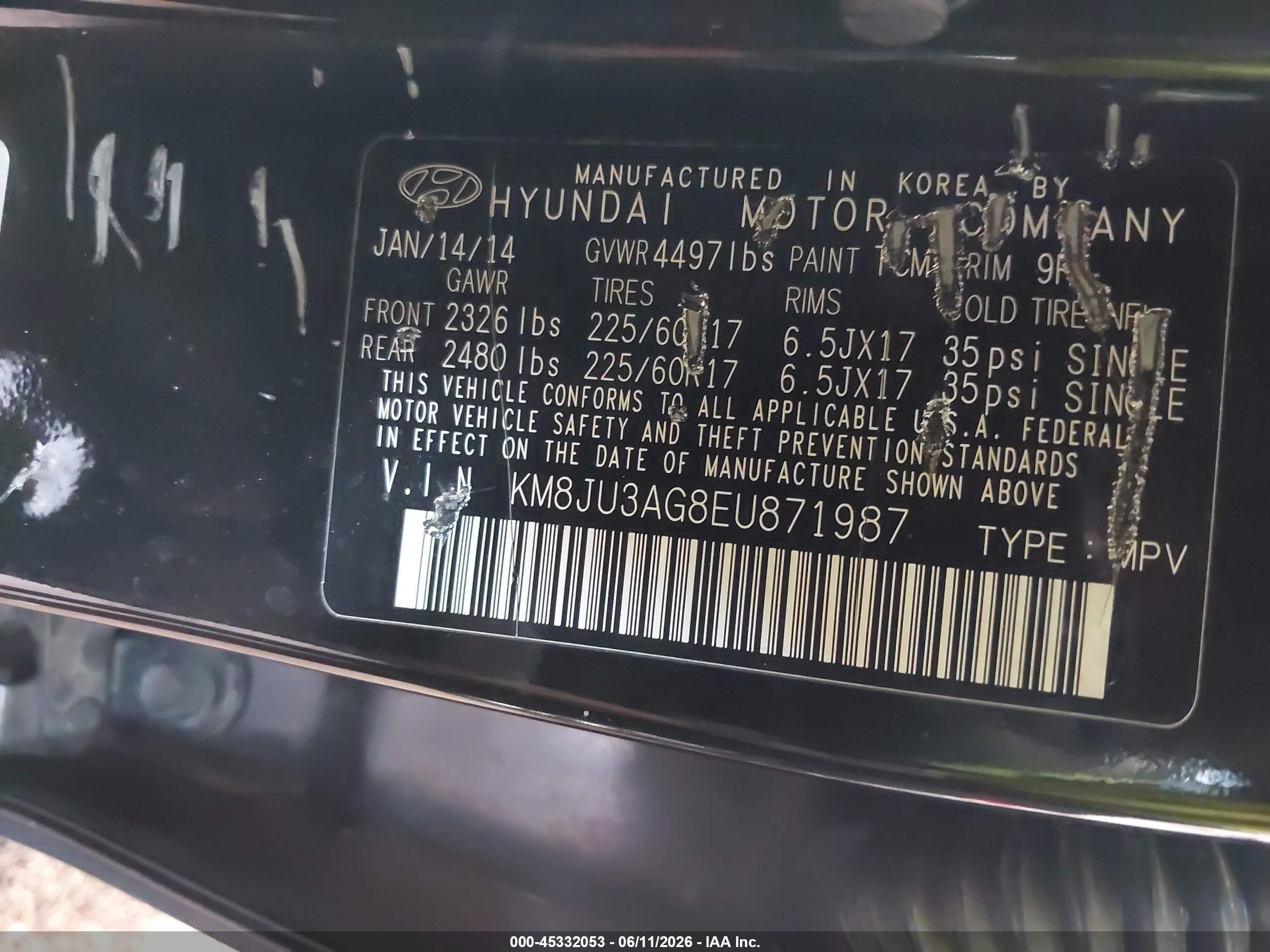 2014 Hyundai Tucson Se Black vin: KM8JU3AG8EU871987