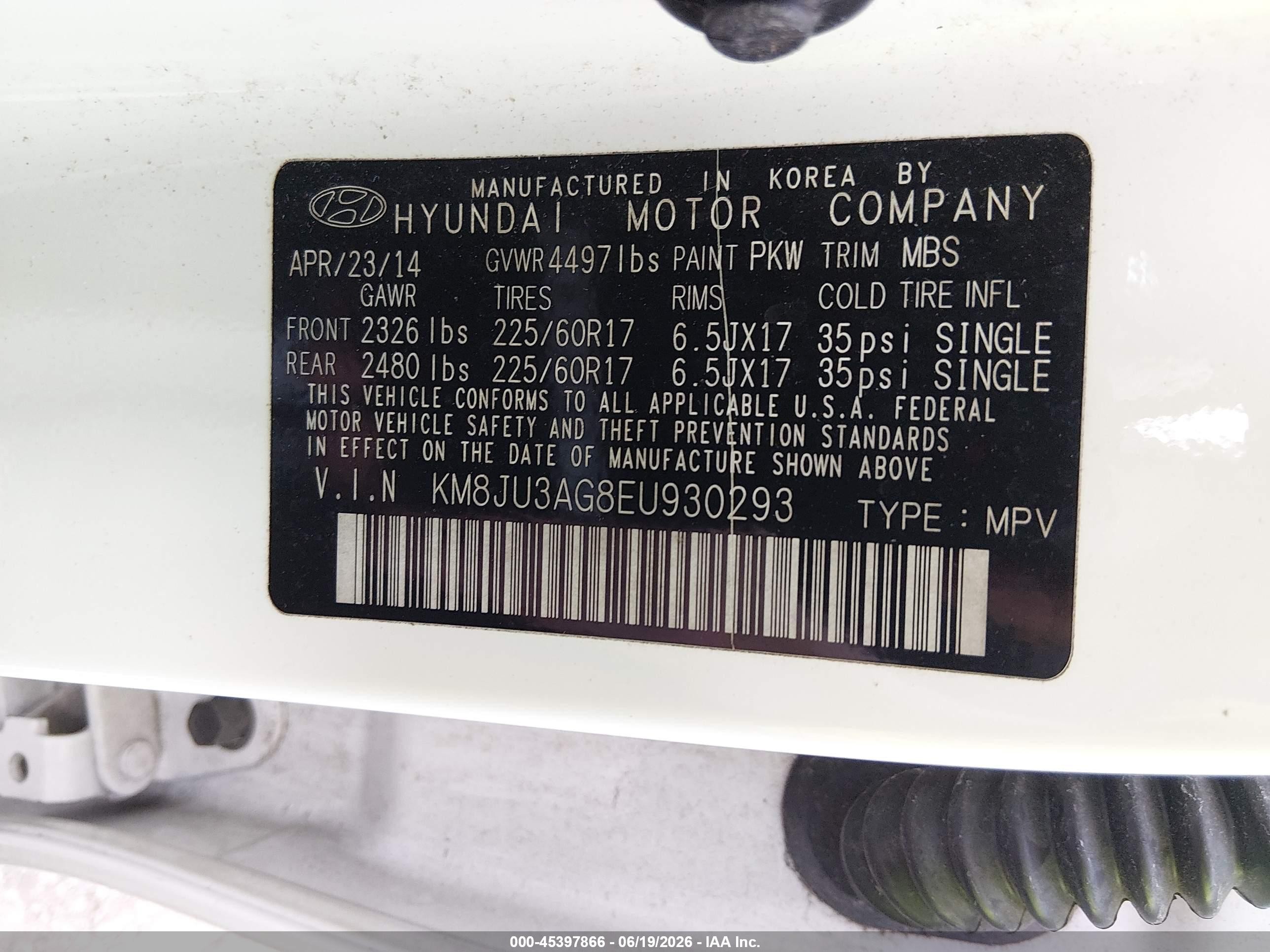 2014 Hyundai Tucson Se White vin: KM8JU3AG8EU930293