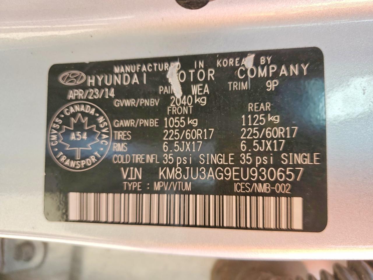 2014 Hyundai Tucson Se Silver vin: KM8JU3AG9EU930657