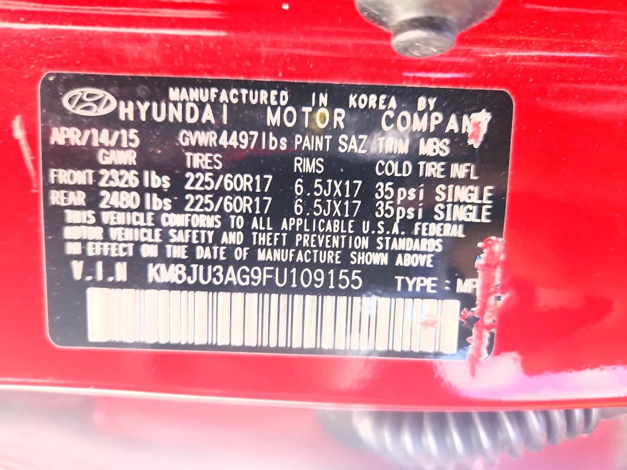 2015 Hyundai Tucson Se Red vin: KM8JU3AG9FU109155
