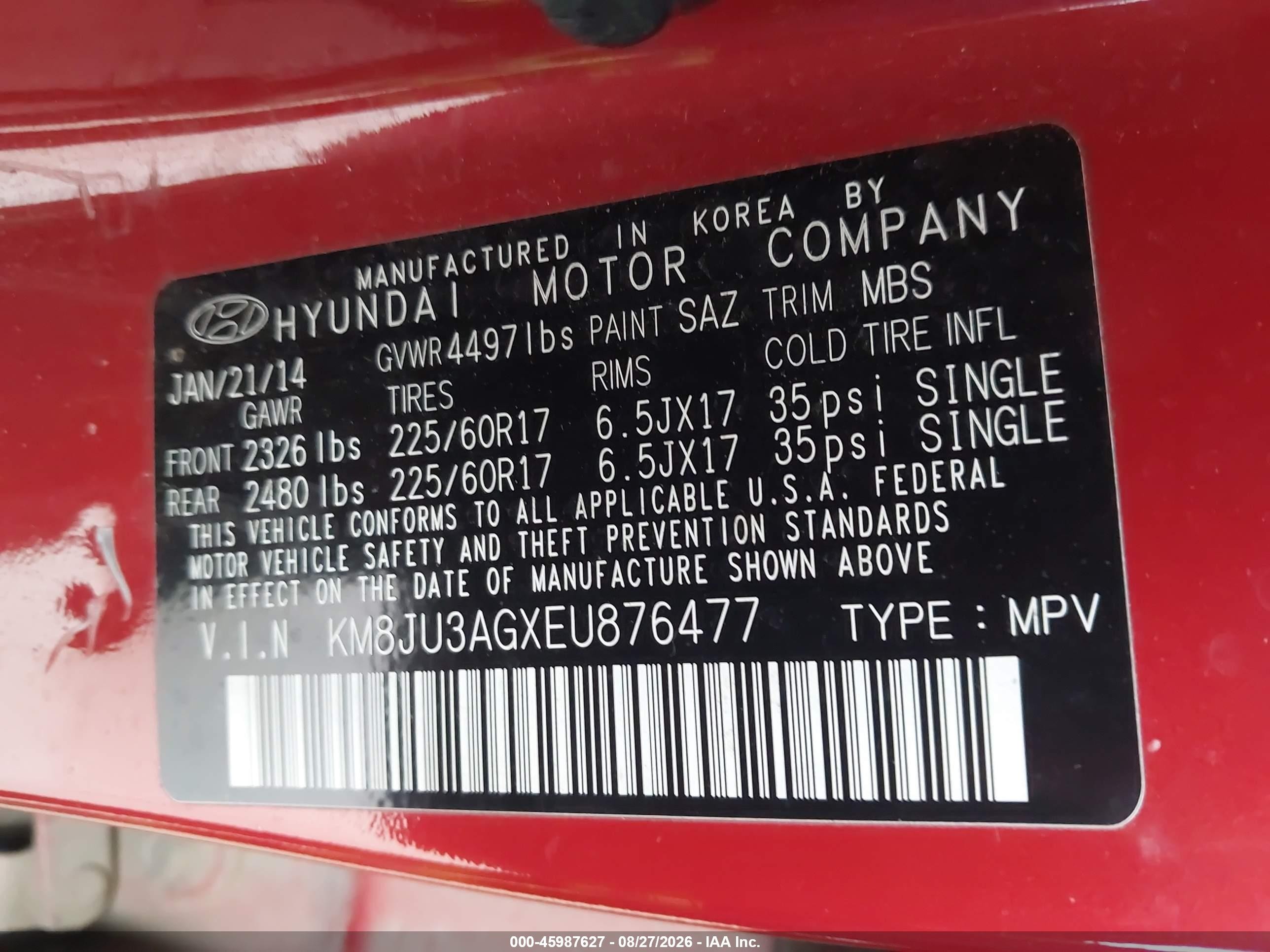 2014 Hyundai Tucson Se Red vin: KM8JU3AGXEU876477