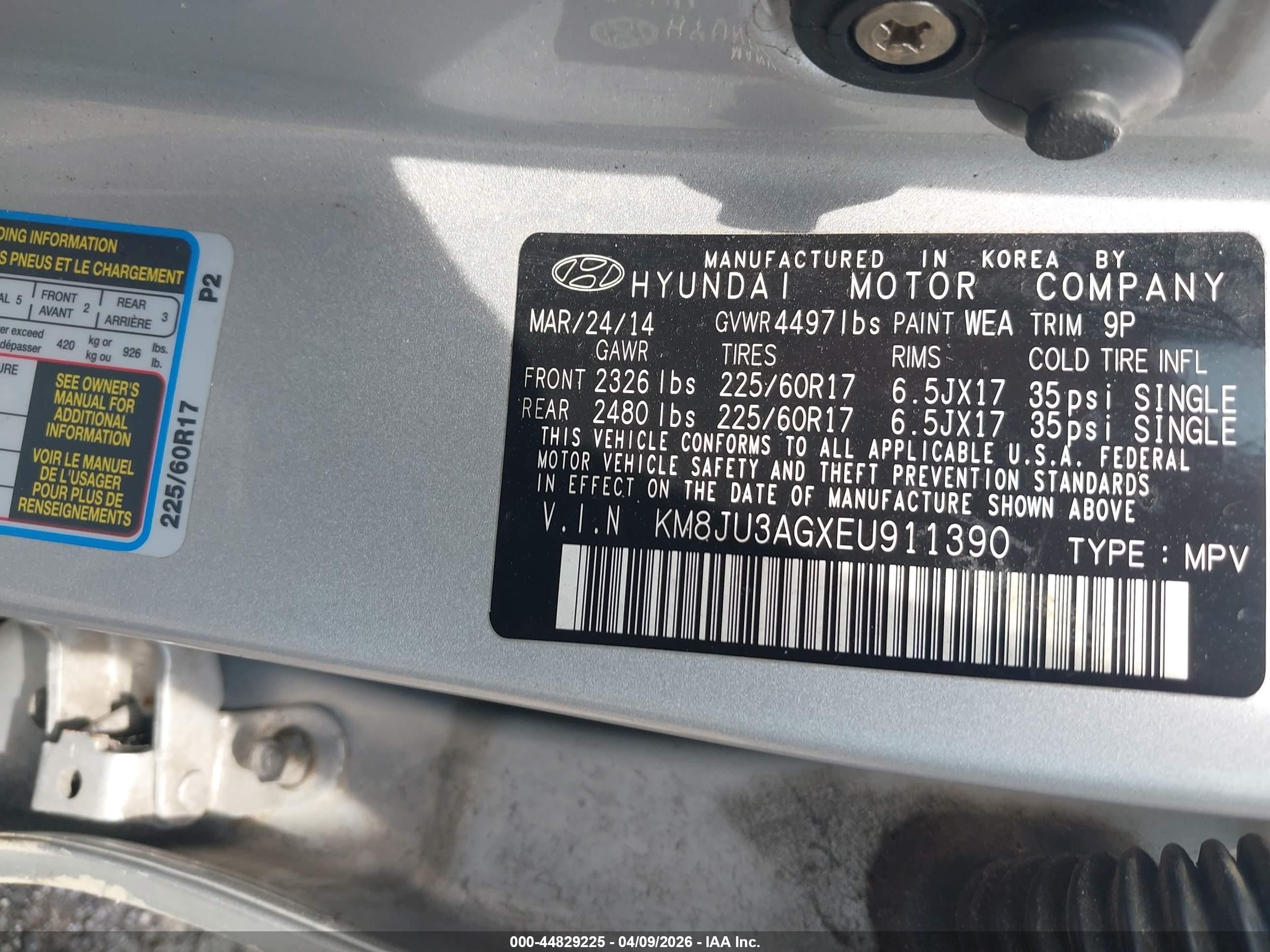 2014 Hyundai Tucson Se Silver vin: KM8JU3AGXEU911390