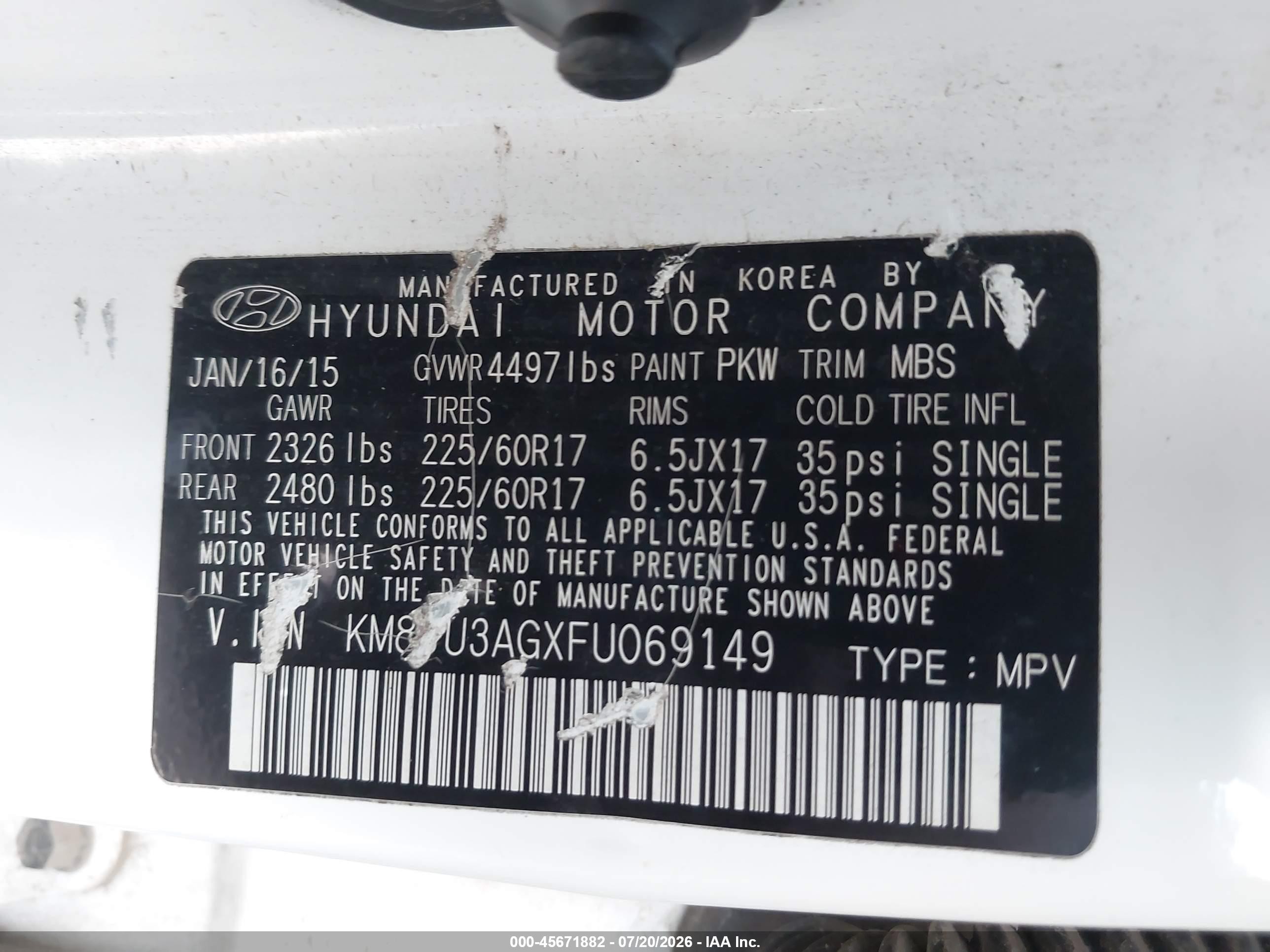 2015 Hyundai Tucson Se White vin: KM8JU3AGXFU069149