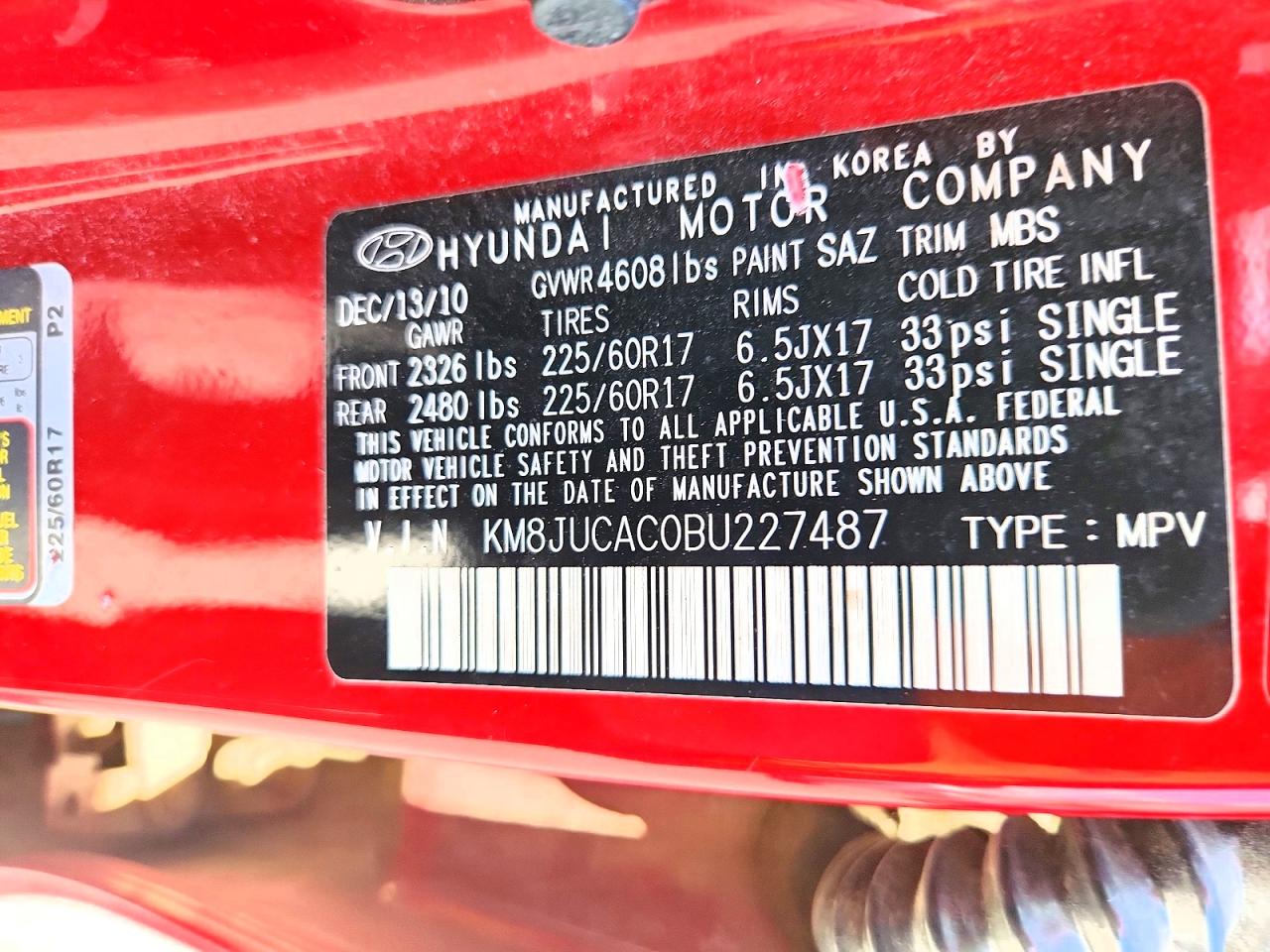 2011 Hyundai Tucson Gls Red vin: KM8JUCAC0BU227487