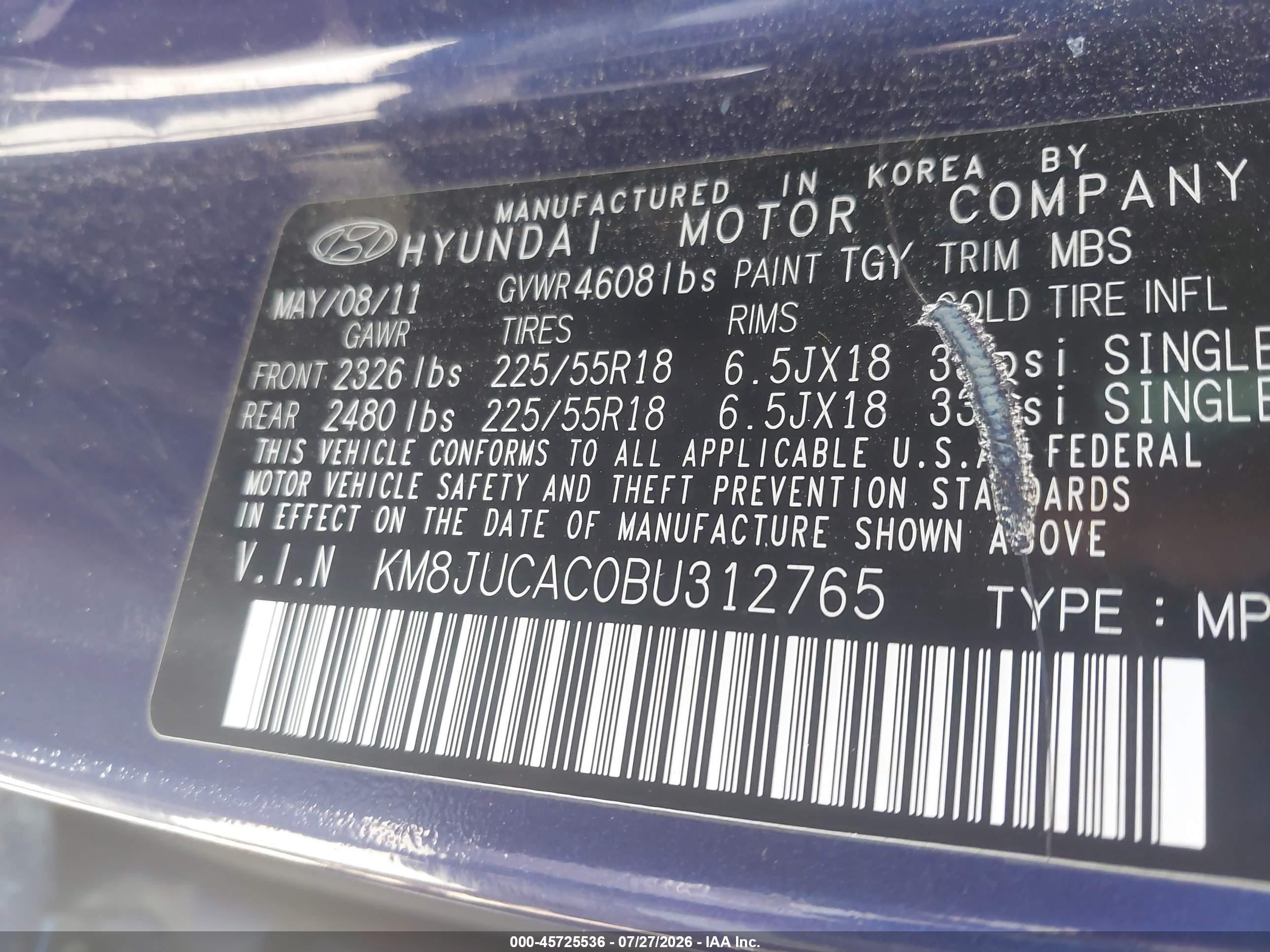2011 Hyundai Tucson Limited Blue vin: KM8JUCAC0BU312765