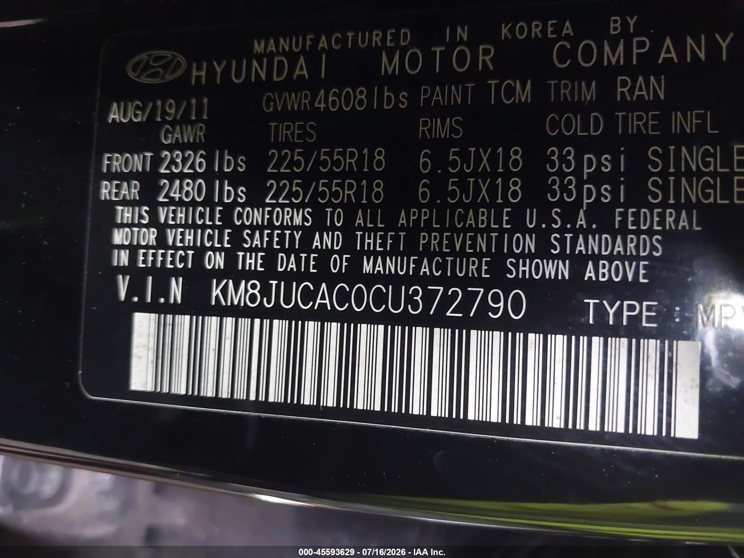 2012 Hyundai Tucson Limited Black vin: KM8JUCAC0CU372790