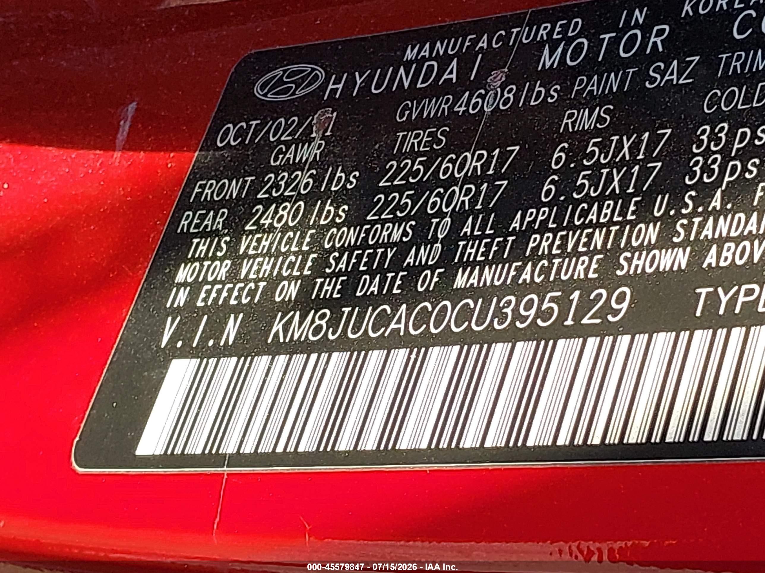 2012 Hyundai Tucson Gls Red vin: KM8JUCAC0CU395129