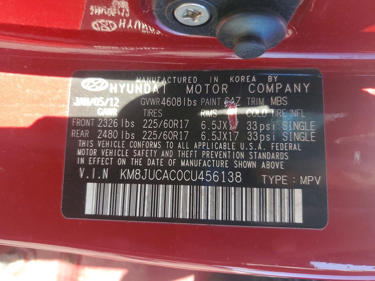 2012 Hyundai Tucson Gls Red vin: KM8JUCAC0CU456138