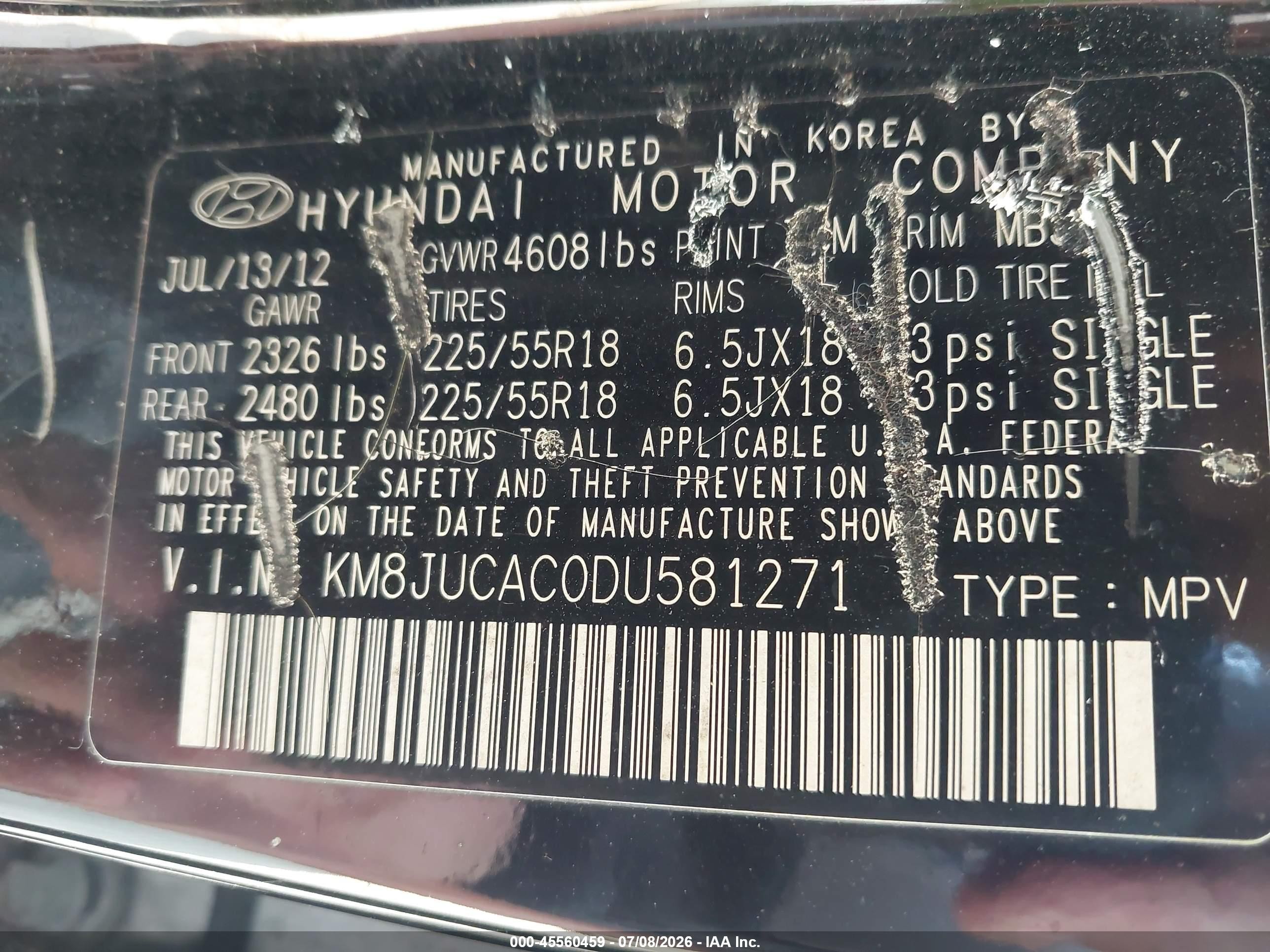 2013 Hyundai Tucson Limited Black vin: KM8JUCAC0DU581271