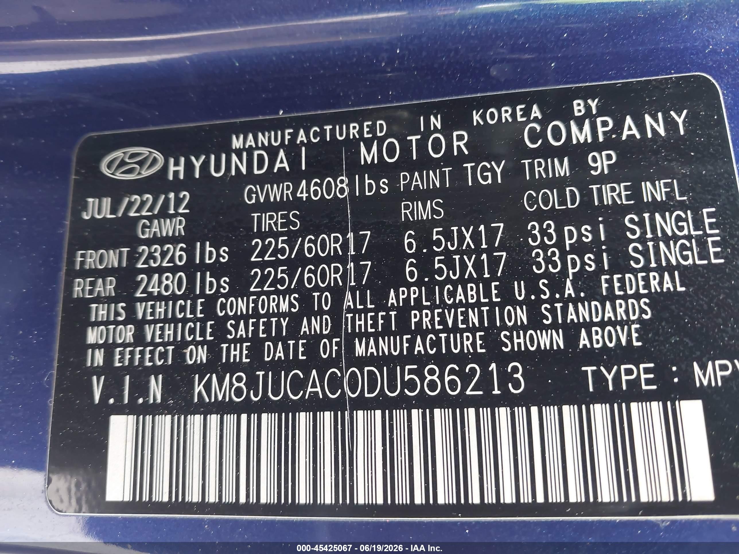 2013 Hyundai Tucson Gls Blue vin: KM8JUCAC0DU586213