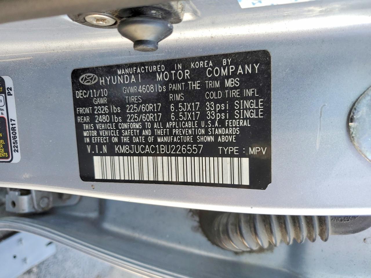 2011 Hyundai Tucson Gls Silver vin: KM8JUCAC1BU226557