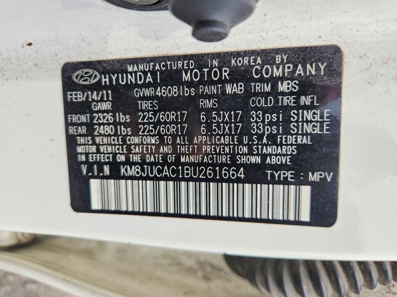 2011 Hyundai Tucson Gls White vin: KM8JUCAC1BU261664