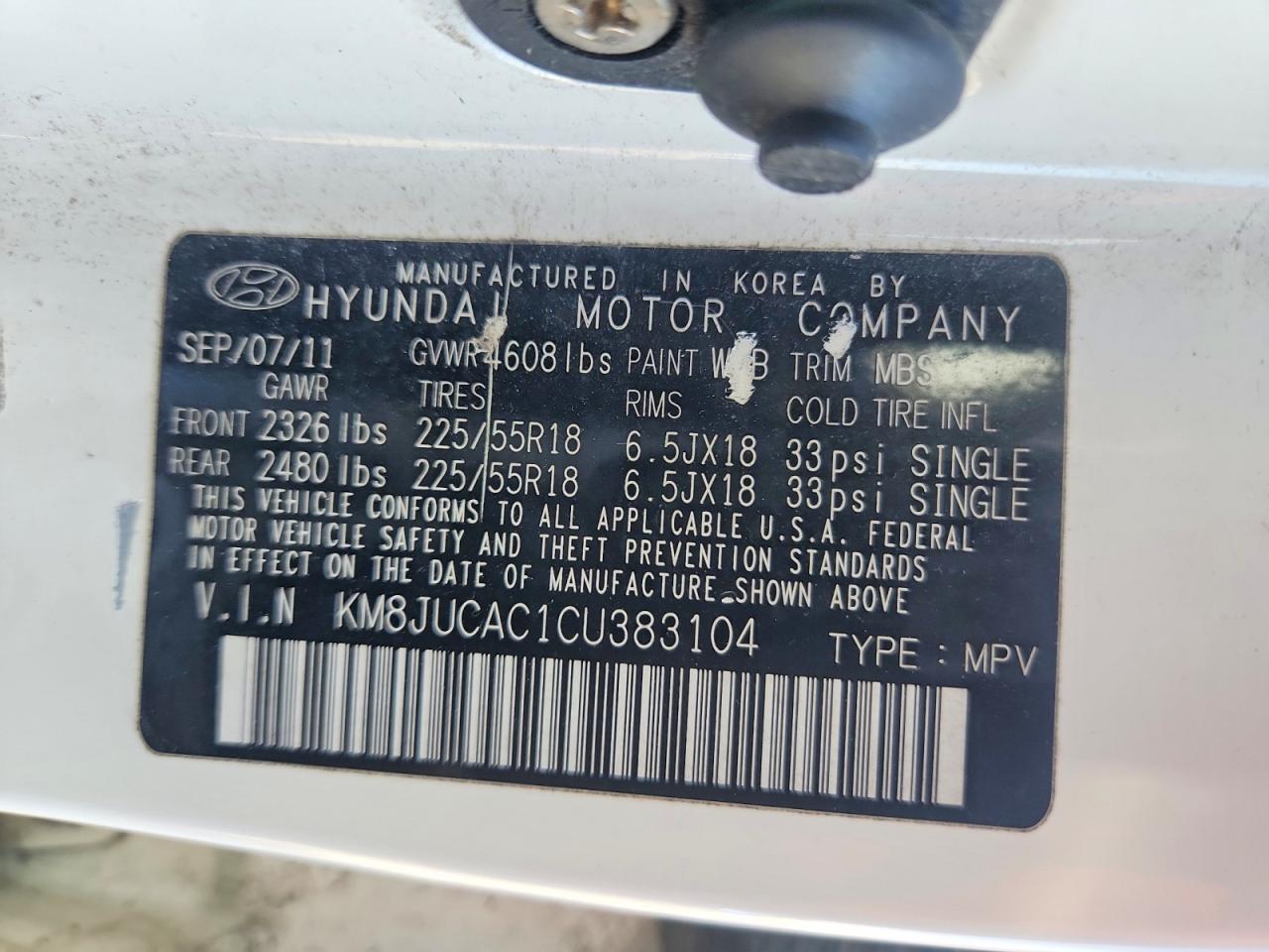 2012 Hyundai Tucson Limited White vin: KM8JUCAC1CU383104