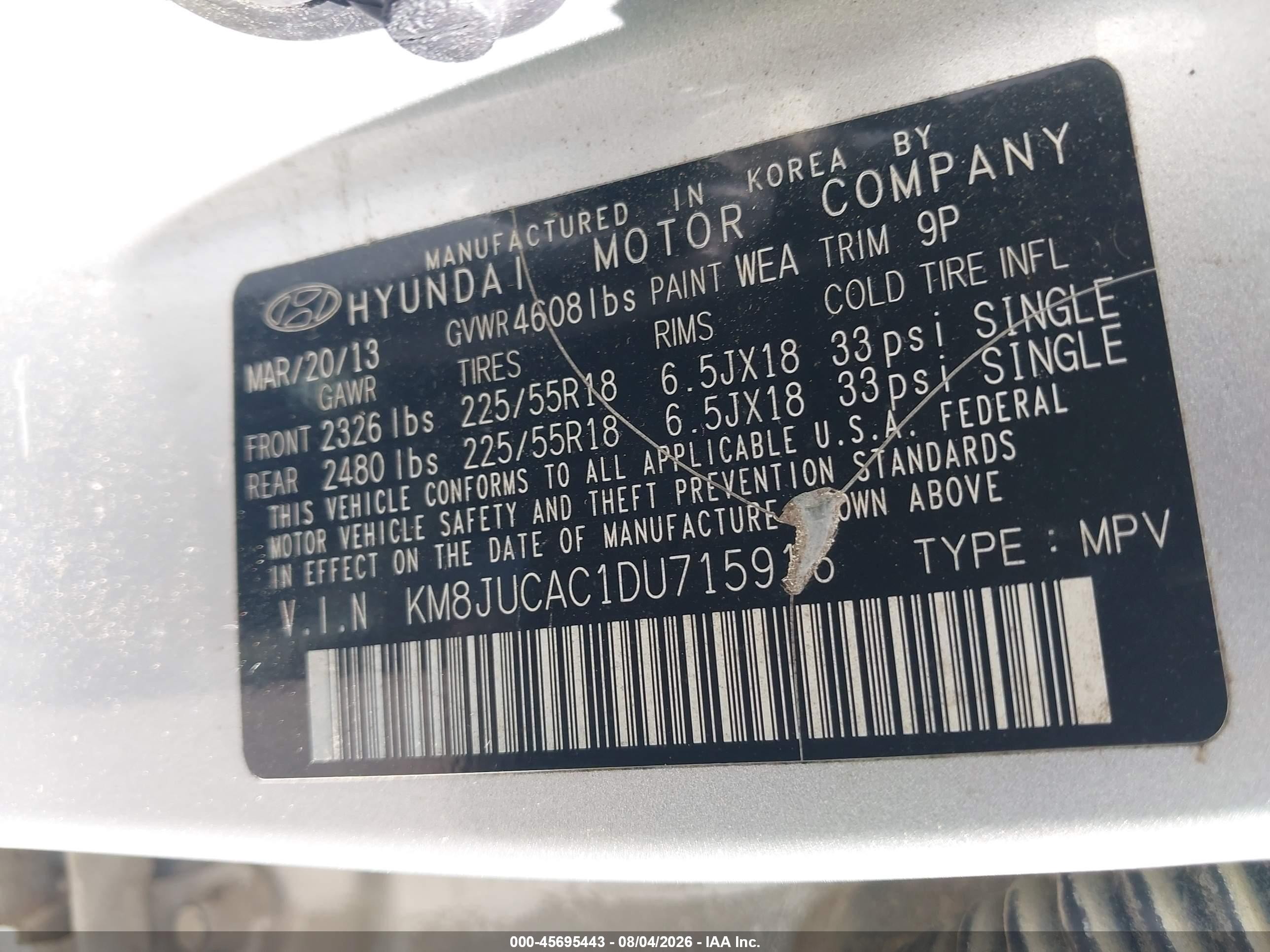 2013 Hyundai Tucson Limited Silver vin: KM8JUCAC1DU715916