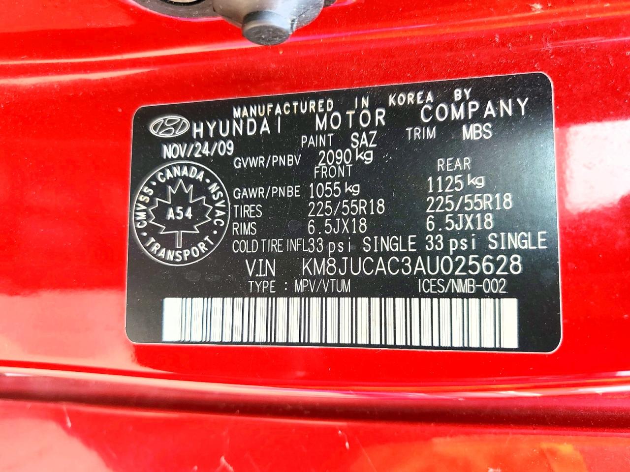 2010 Hyundai Tucson Gls Red vin: KM8JUCAC3AU025628