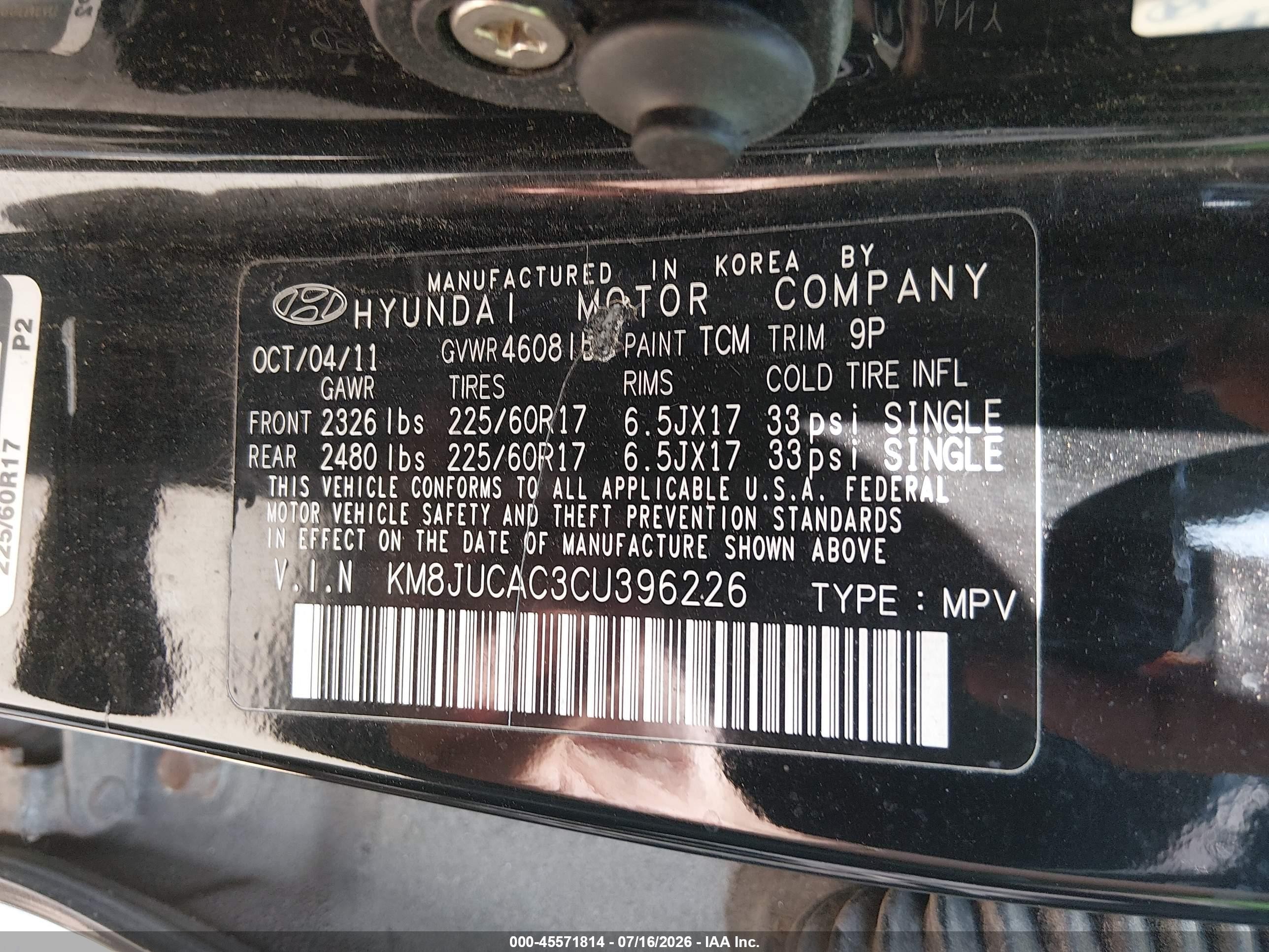 2012 Hyundai Tucson Gls Black vin: KM8JUCAC3CU396226