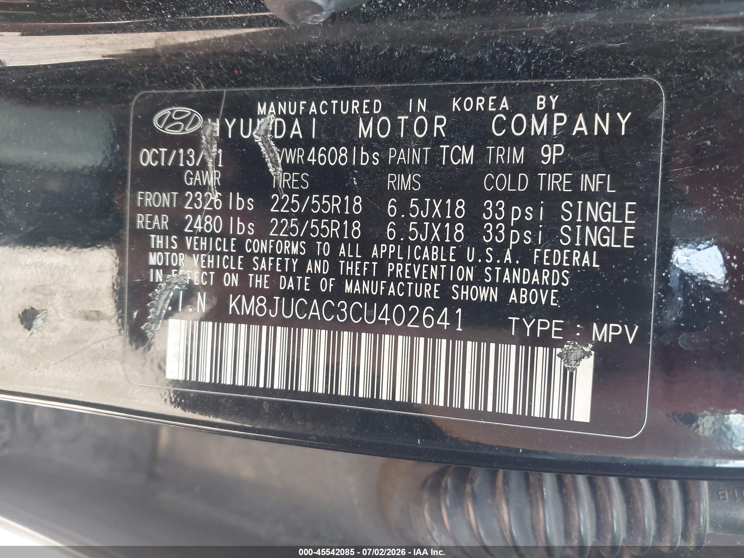 2012 Hyundai Tucson Limited Черный vin: KM8JUCAC3CU402641