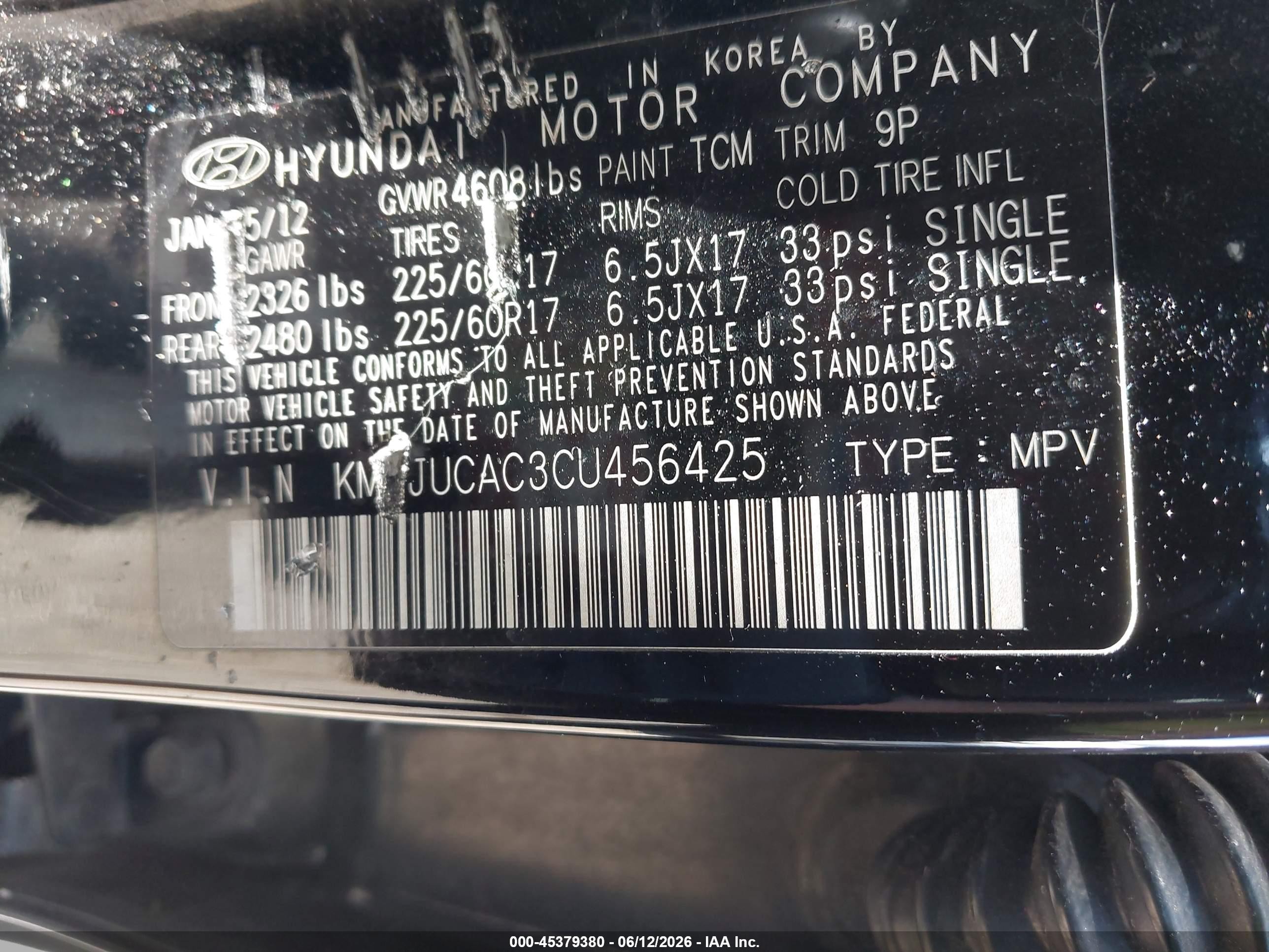 2012 Hyundai Tucson Gls Black vin: KM8JUCAC3CU456425