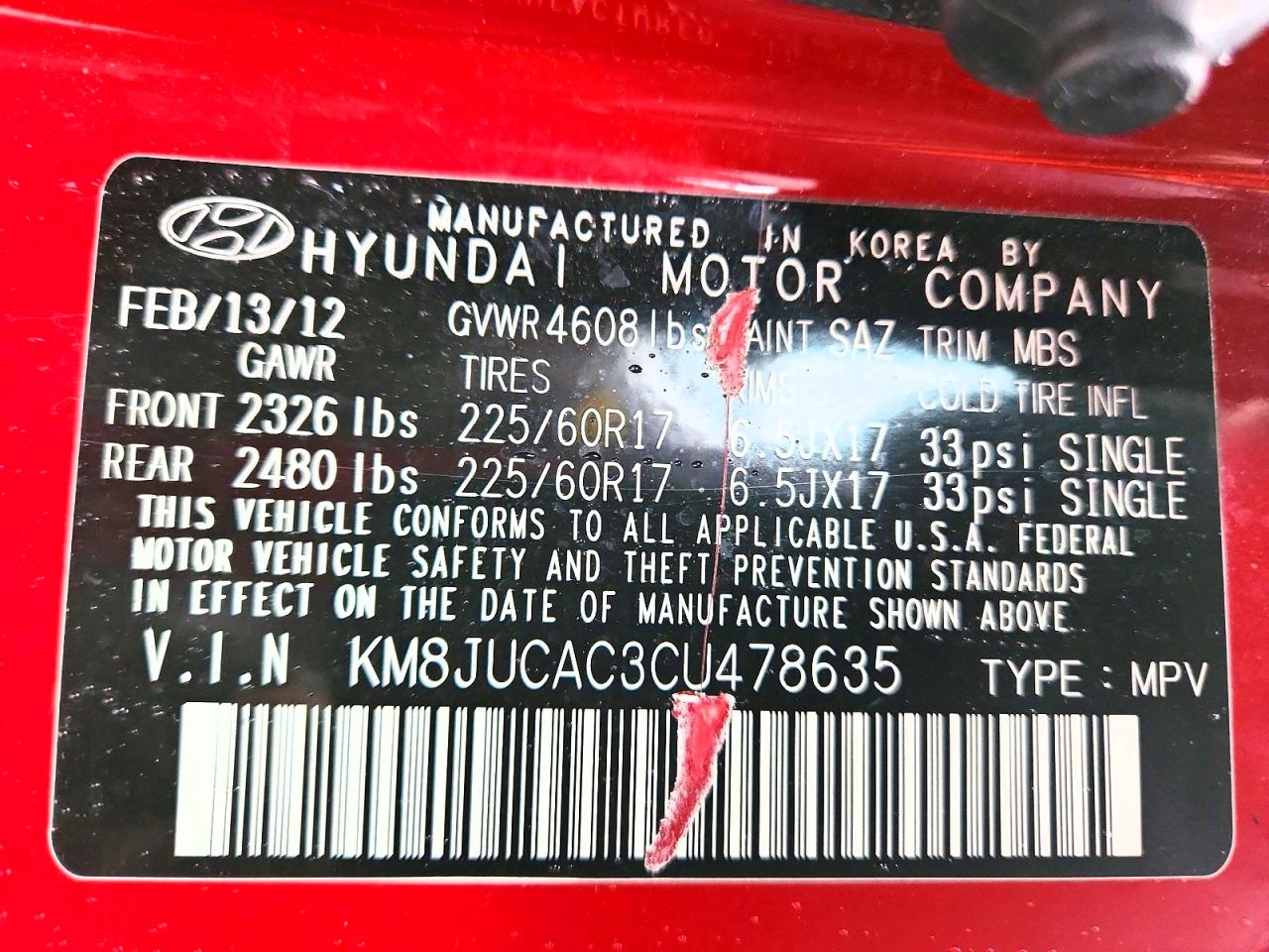 2012 Hyundai Tucson Gls Red vin: KM8JUCAC3CU478635