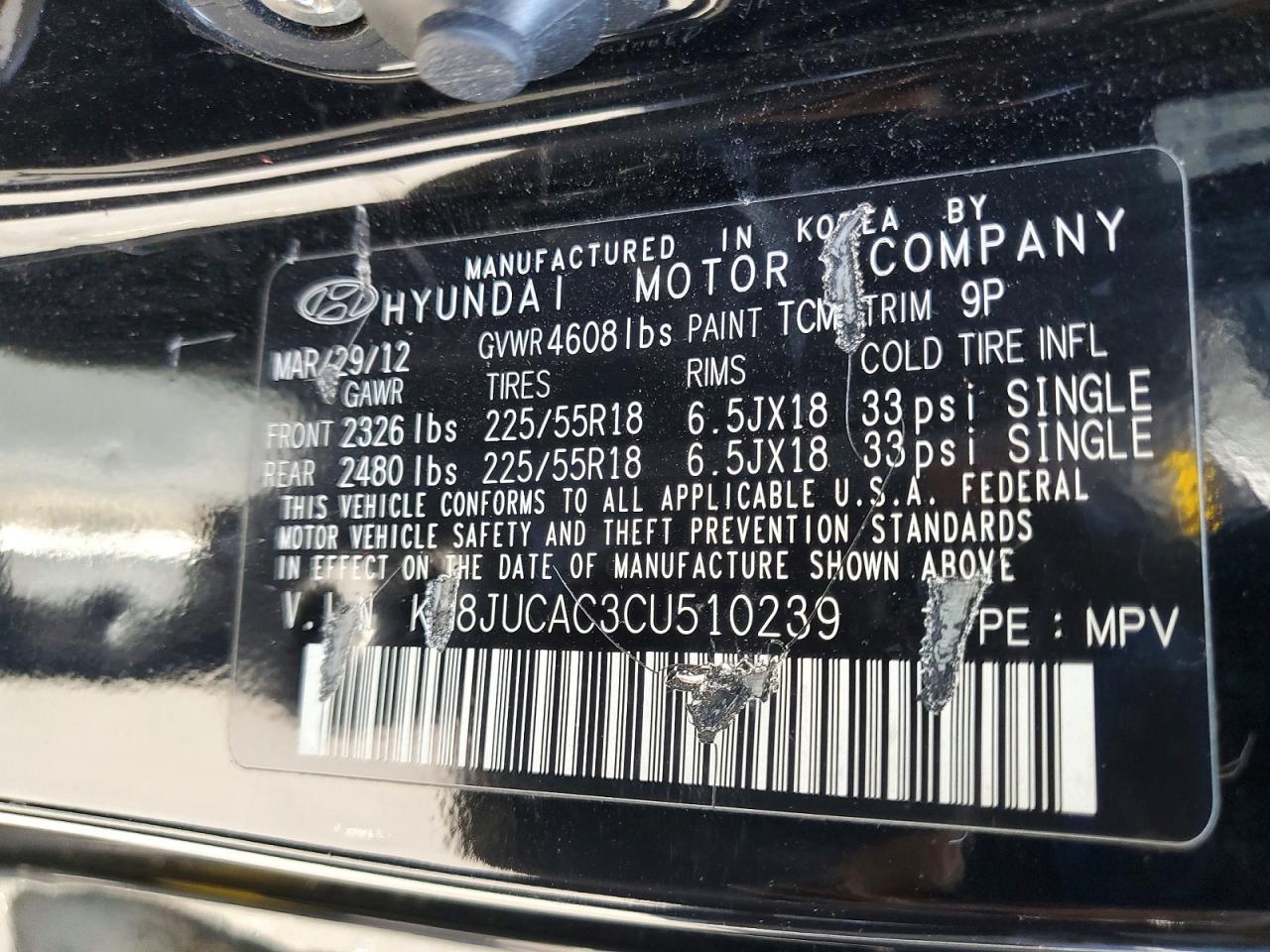 2012 Hyundai Tucson Limited Black vin: KM8JUCAC3CU510239