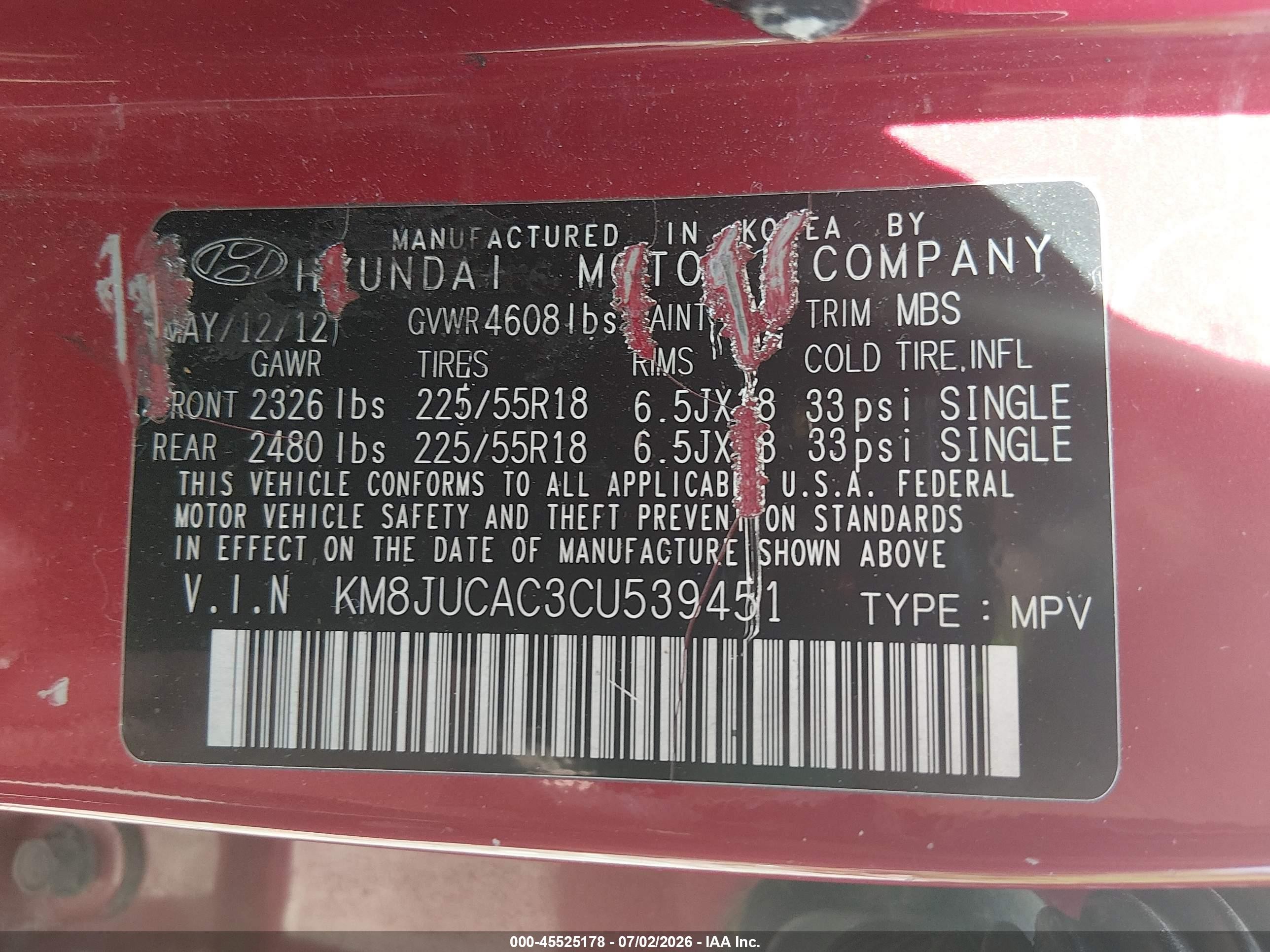 2012 Hyundai Tucson Limited Red vin: KM8JUCAC3CU539451