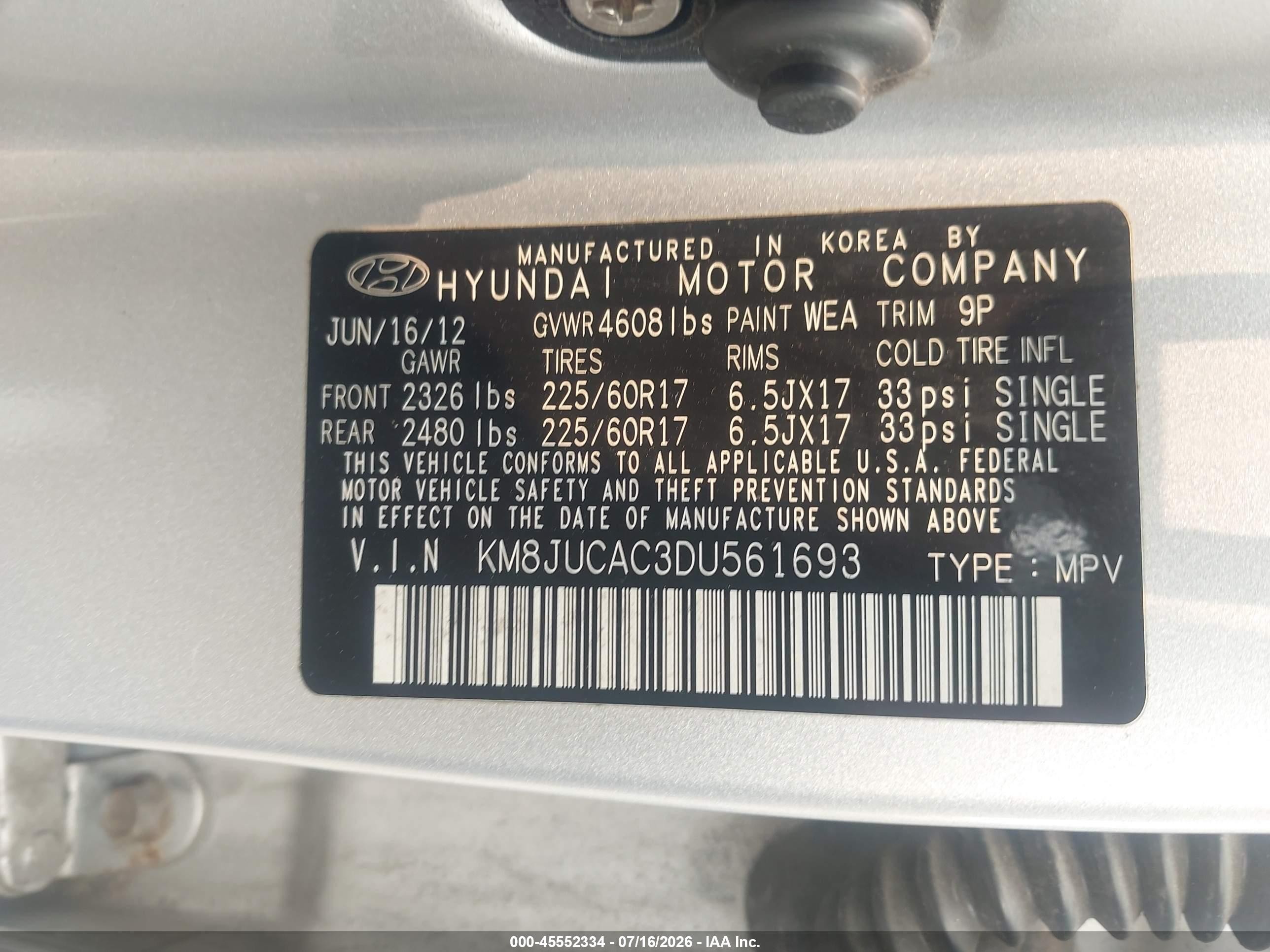2013 Hyundai Tucson Gls Silver vin: KM8JUCAC3DU561693