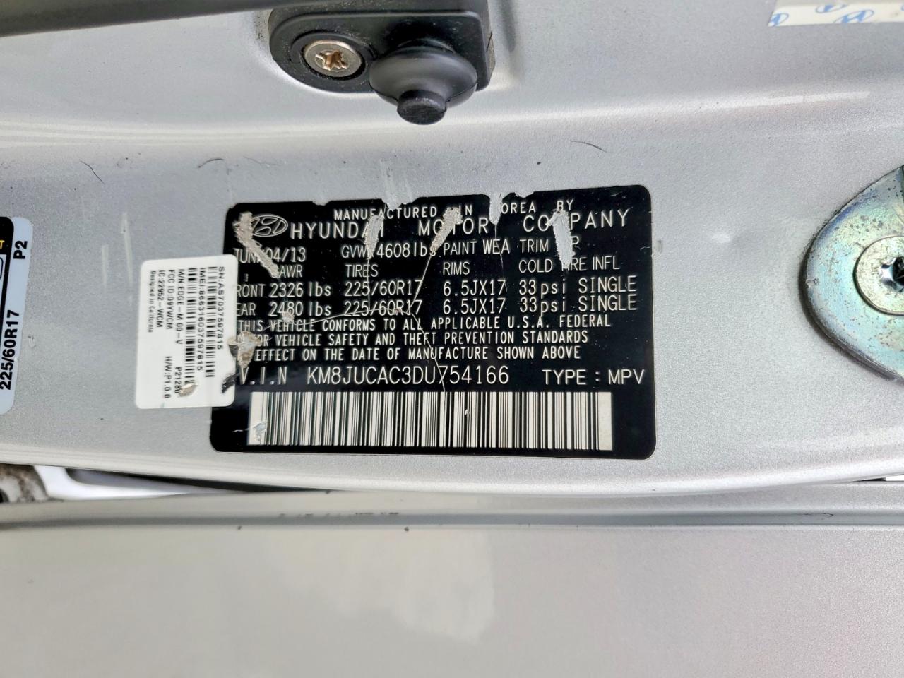 2013 Hyundai Tucson Gls Silver vin: KM8JUCAC3DU754166