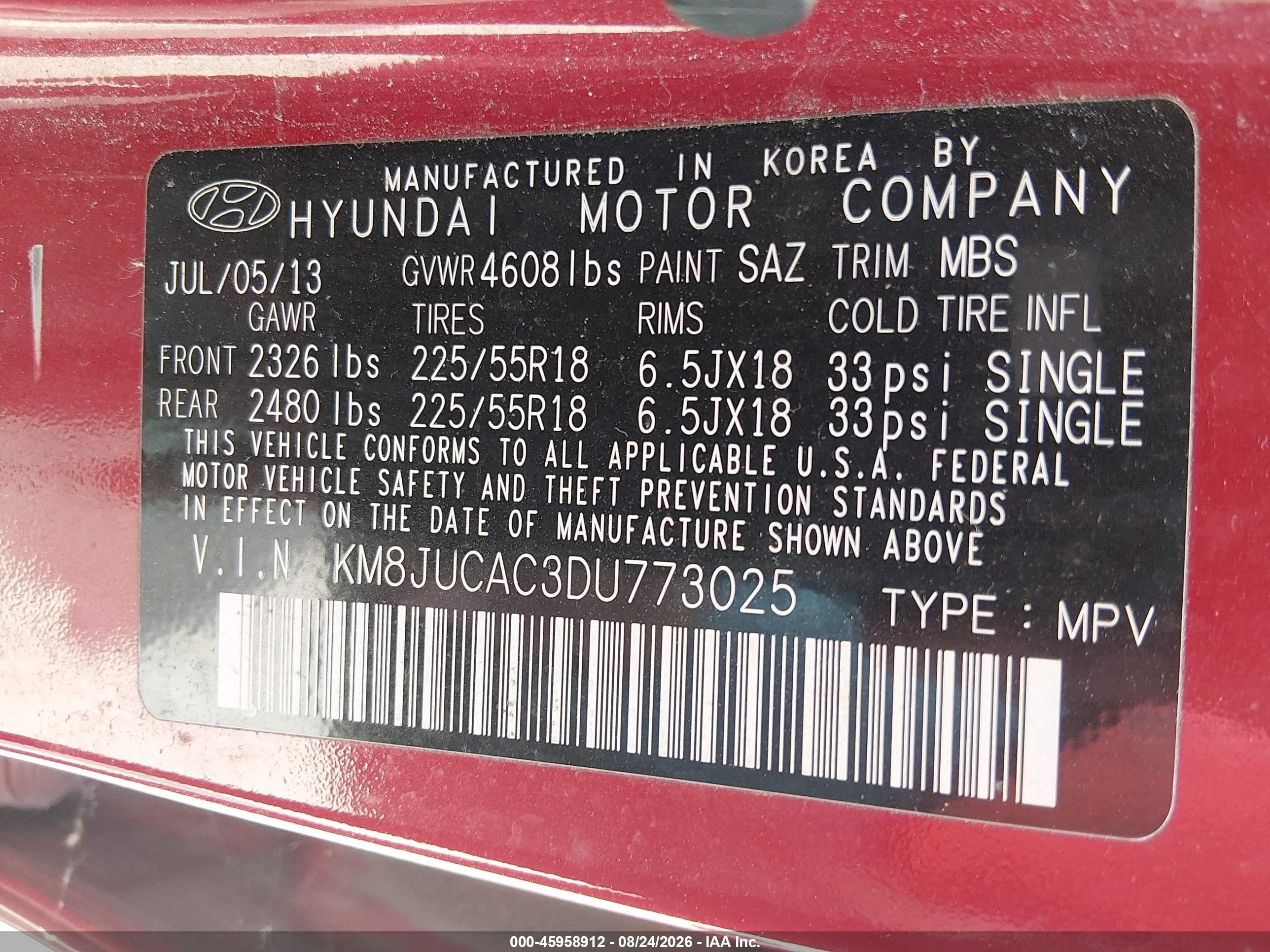 2013 Hyundai Tucson Limited Red vin: KM8JUCAC3DU773025